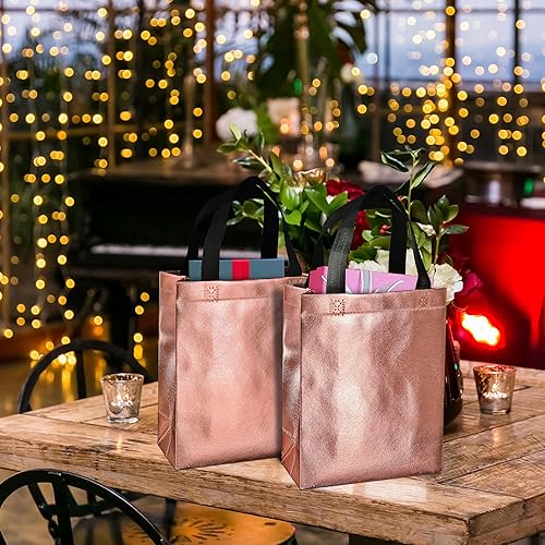 Miniatura 4 de BLEWINDZ 100 bolsas de regalo reutilizables de tamaño mediano, bolsas de regalo de oro rosa de 10.2 pulgadas con asas, perfectas como bolsas de