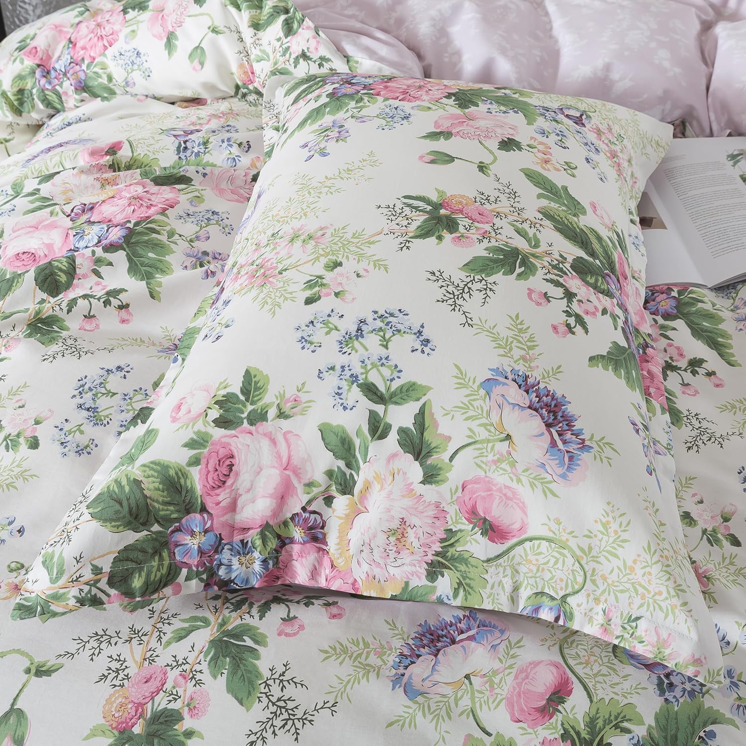 Lemfux Romantic Pink Floral Duvet Cover Set King, 100% Cotton Shabby Chic Rose Bedding, 3pc Vintage French Garden Reversible Comforter Cover, Soft & Breathable (104"x90")