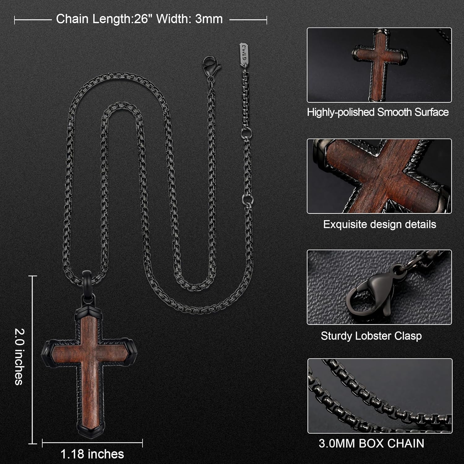 Wooden Cross Necklace for Men Waterproof and Sweat-proof Mens Cross Necklaces With Adjustable Chain Christian Jewelry Gift for Men