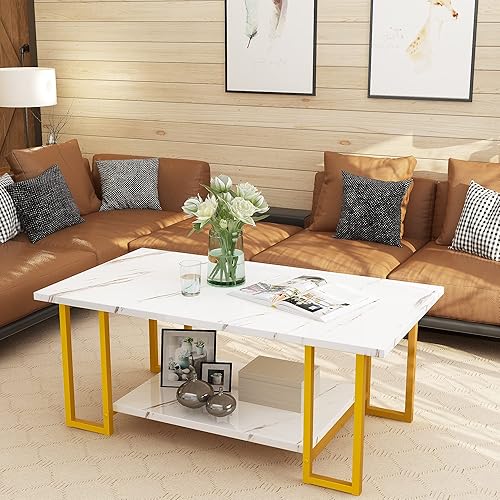 Miniatura 3 de AWQM Mesa de Centro de Mármol, Mesa de Centro Rectangular con Superficie de Mármol Sintético con Marco de Metal Dorado, Mesa de Sala de 2 Niveles