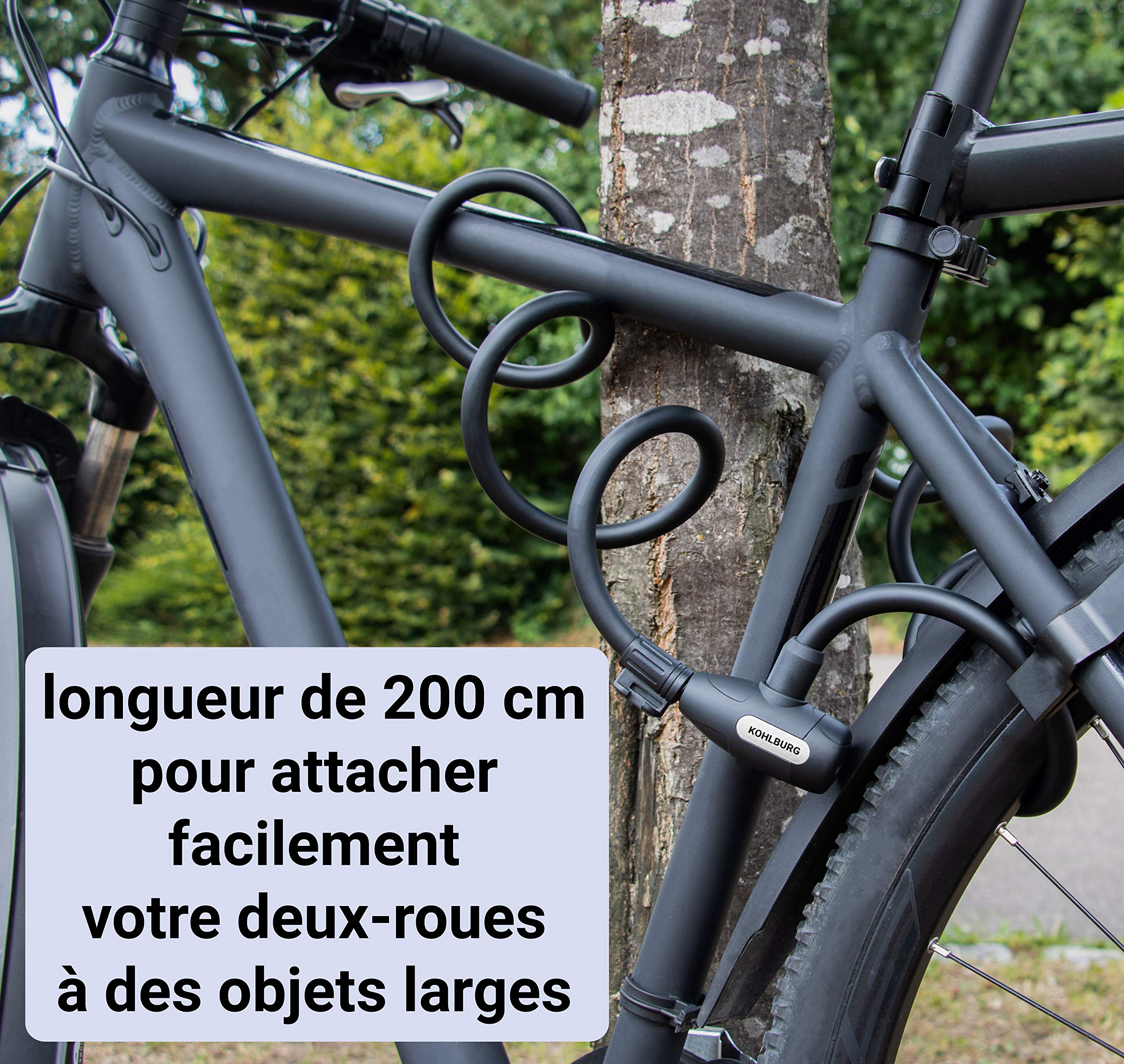 KOHLBURG Antivol en spirale pour vélo, 200 cm de long, refermable sans clé | Cadenas pour vélo avec support – antivol en spirale pour vélo & antivol poussette electrique – anti vol cadenas velo