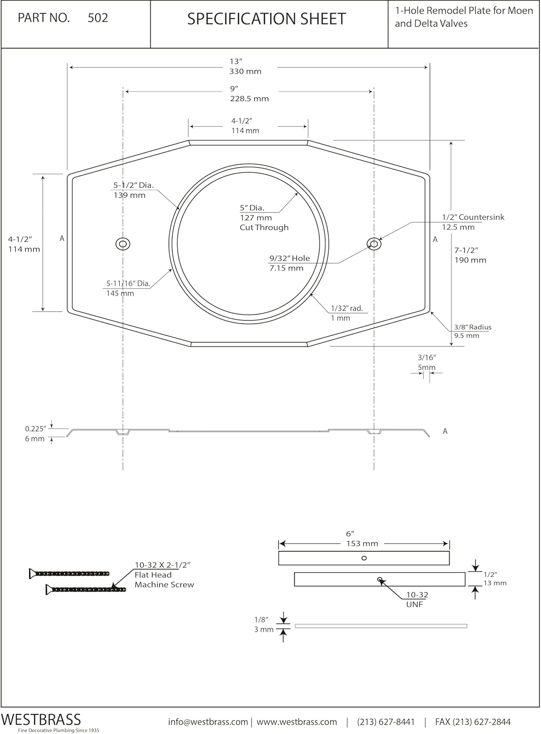 Westbrass One-Hole Remodel Plate for Moen and Delta, Polished Brass, D502-03