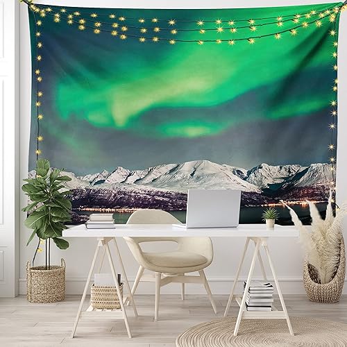 Lunarable Nature Tapestry King Size, Aurora Above Fjords Nordic Aurora Borealis Sky Arctic Solar Scenery, Wall Hanging Bedspread Bed Cover Wall