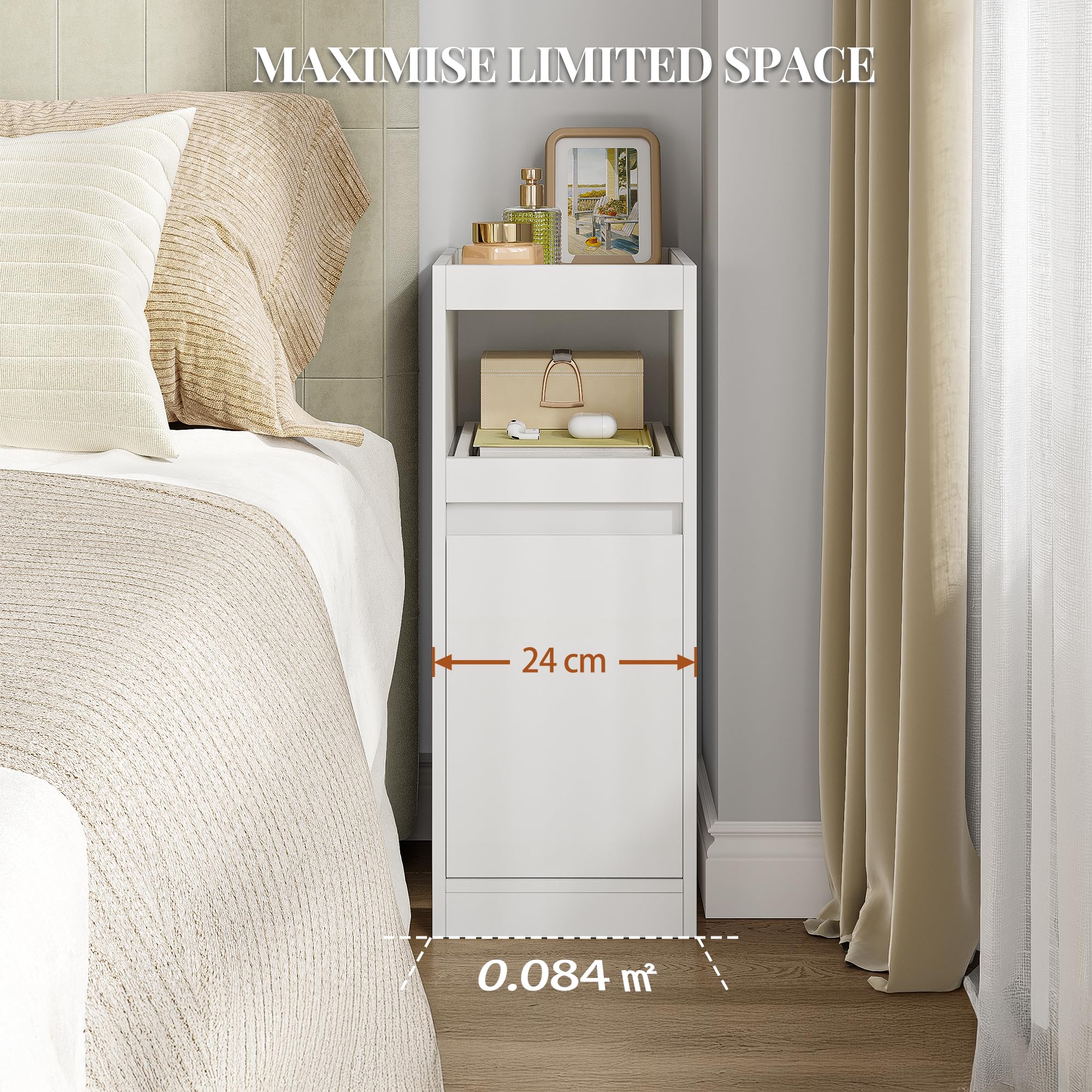 HEXCELEN Schmaler Nachttisch 2er Set mit Tablett, Weiß, 35 × 24 × 64 cm | Beistelltisch mit 1 Tür, Beistelltisch mit 2 Haken, Platzsparend, für Schlafzimmer, Wohnzimmer, Moderner Stil