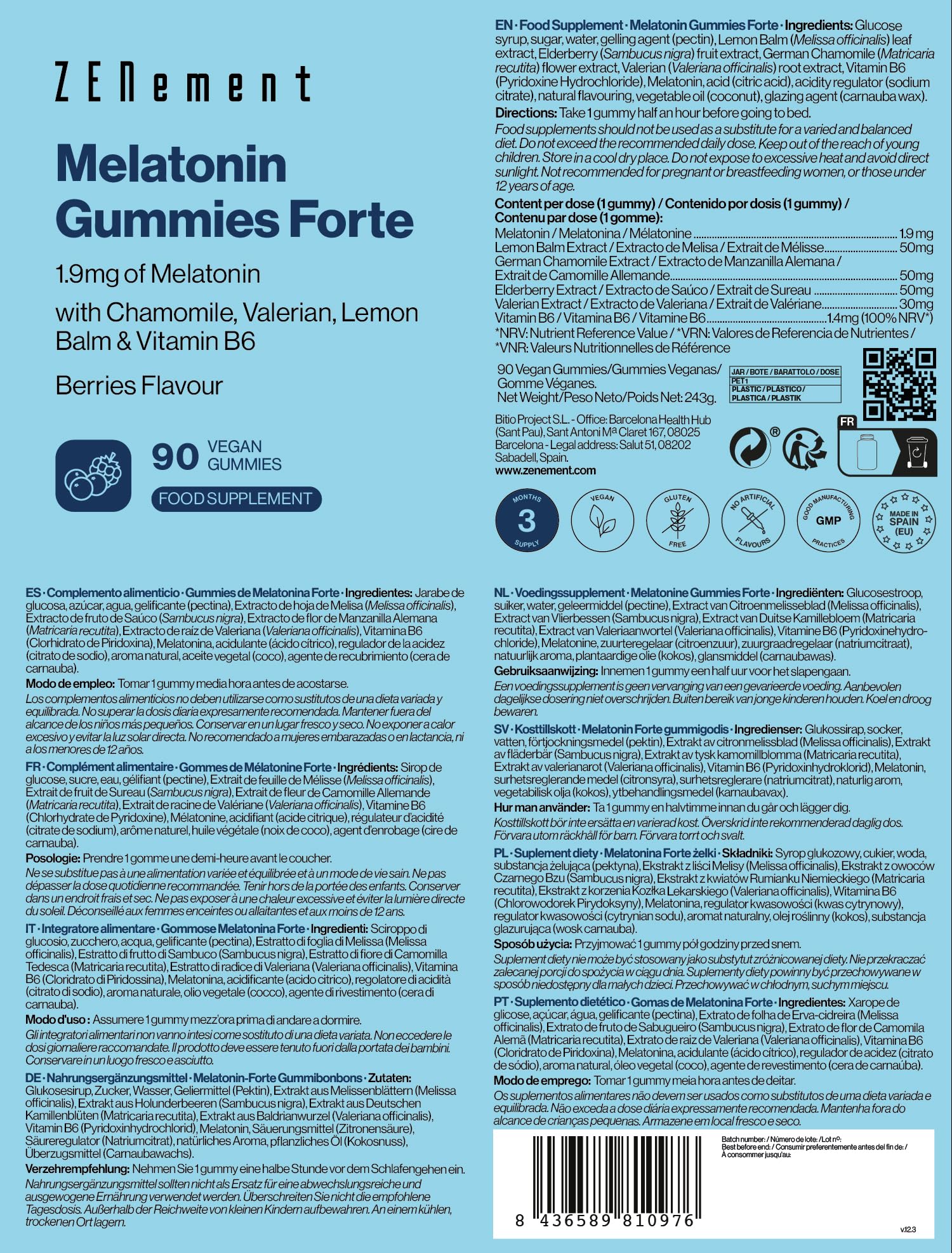 Gummies Mélatonine Forte 1,9 mg – Avec Camomille, Valériane, Mélisse, Sureau & Vitamine B6 – 90 Gommes Véganes pour Dormir – Arôme Naturel Fruits Rouges – Sans Gélatine, Sans Gluten – Zenement
