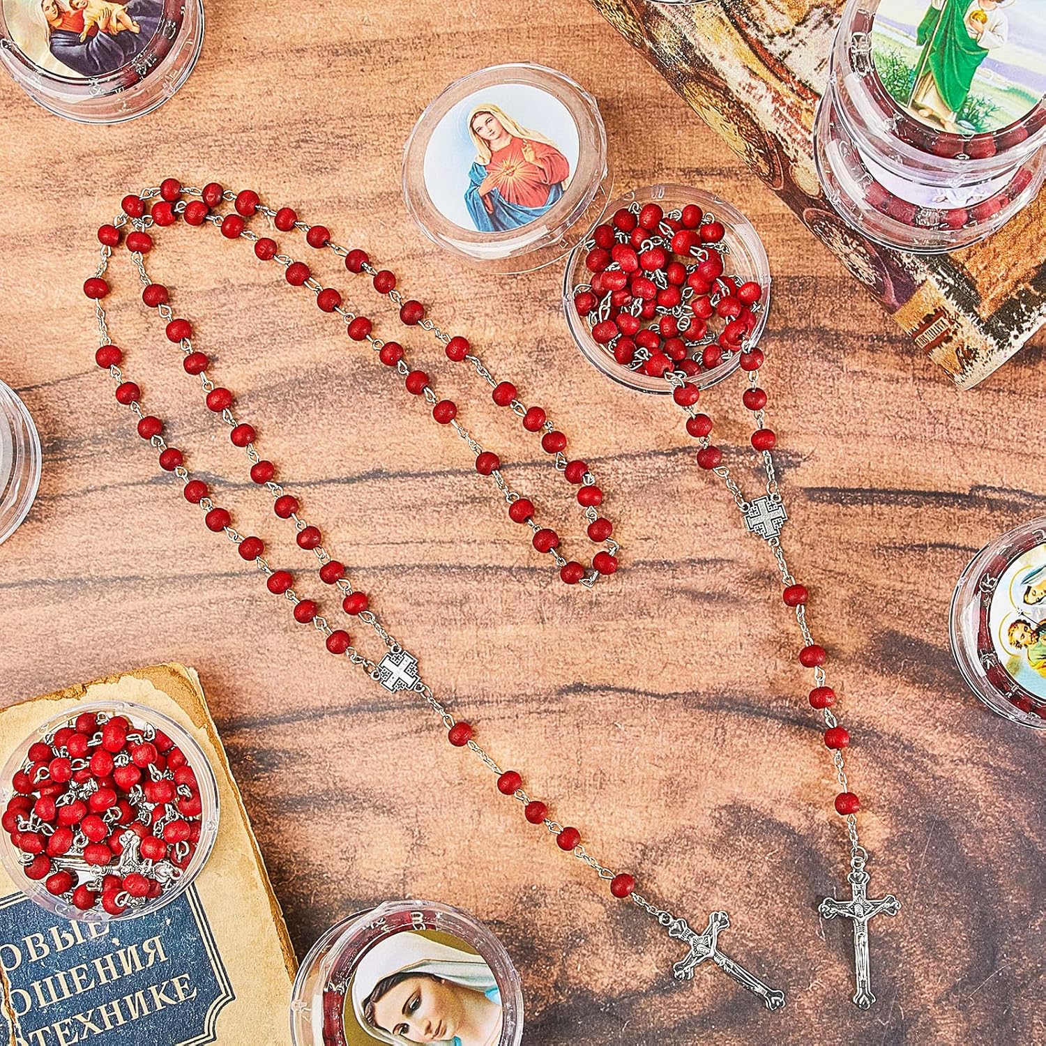 Henoyso Rose Scented Catholic Rosaries Necklaces Wooden Beads Rosary Necklace Religious Rosary Jesus Cross Catholic Schools Week Gifts Holy Rosaries in Bulk with Boxes for Prayer