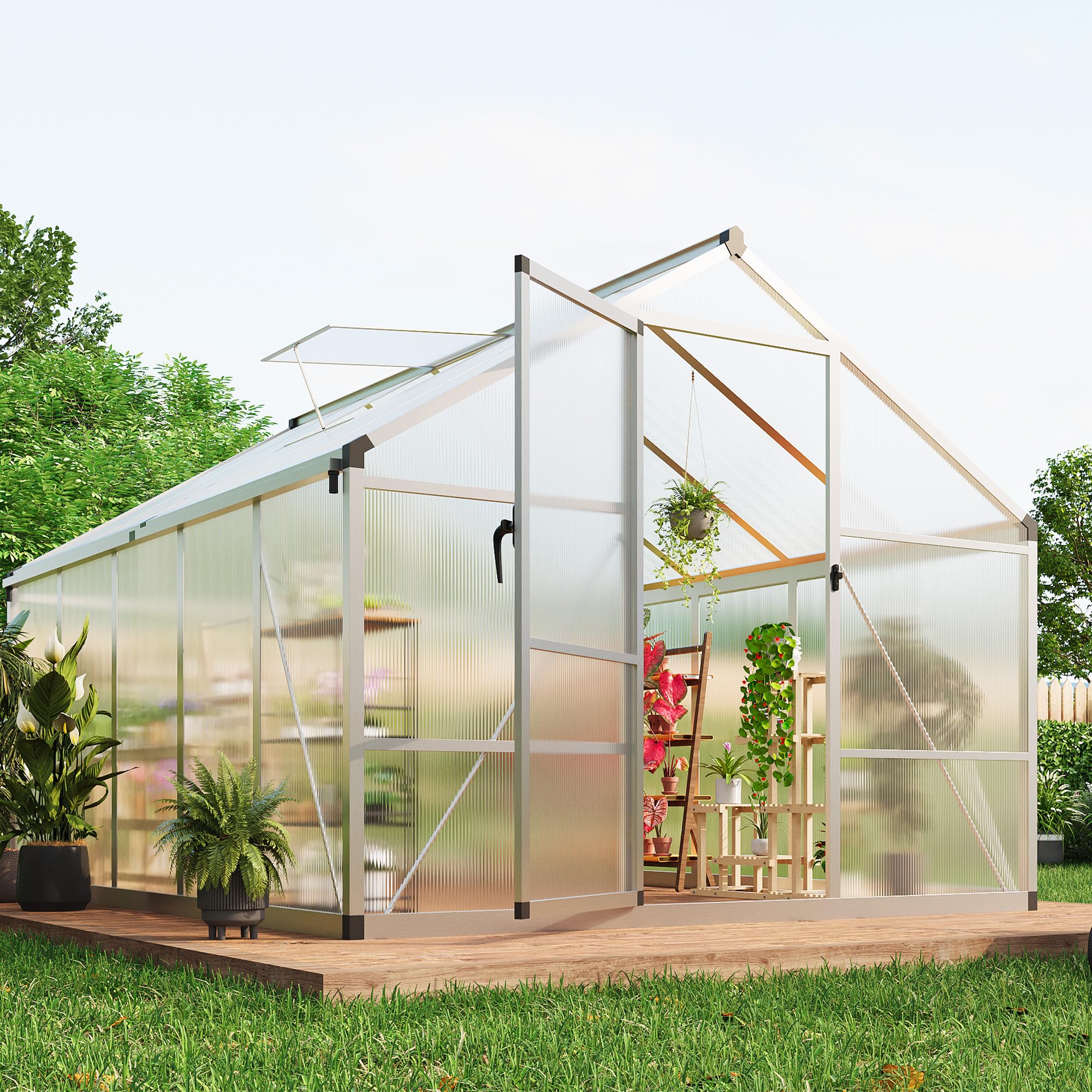 8×10 FT Greenhouse, Large Walk in Greenhouses for Outdoors and Garden Planting, Polycarbonate Greenhouse with Enhanced Aluminum Frame, Green Houses