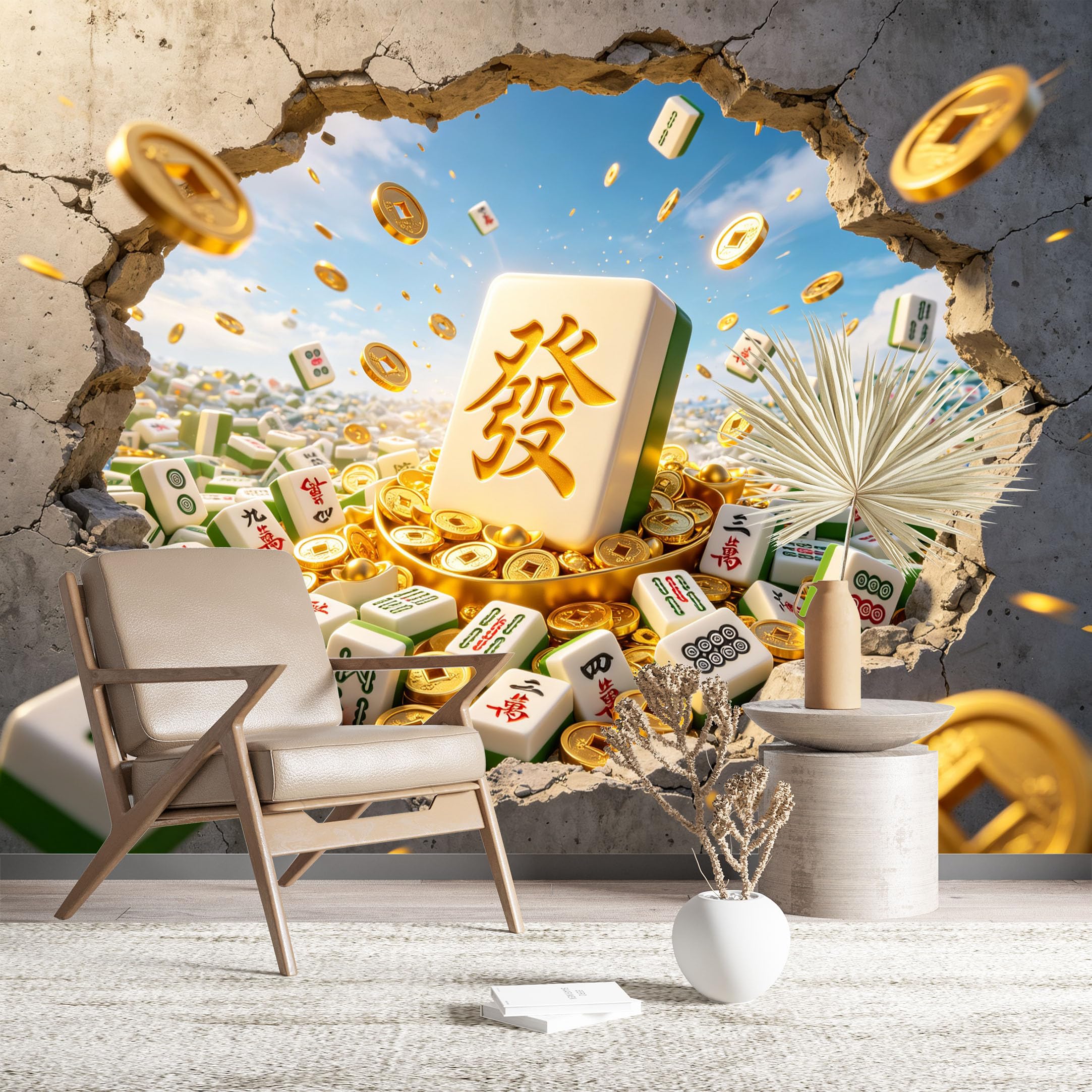 Custom Size Wall Murals Mahjong Tiles and Gold Coins Wall Murals Game Wallpaper Vivid Self-Adhesive Removable Wallpaper for Living Room Home Decor