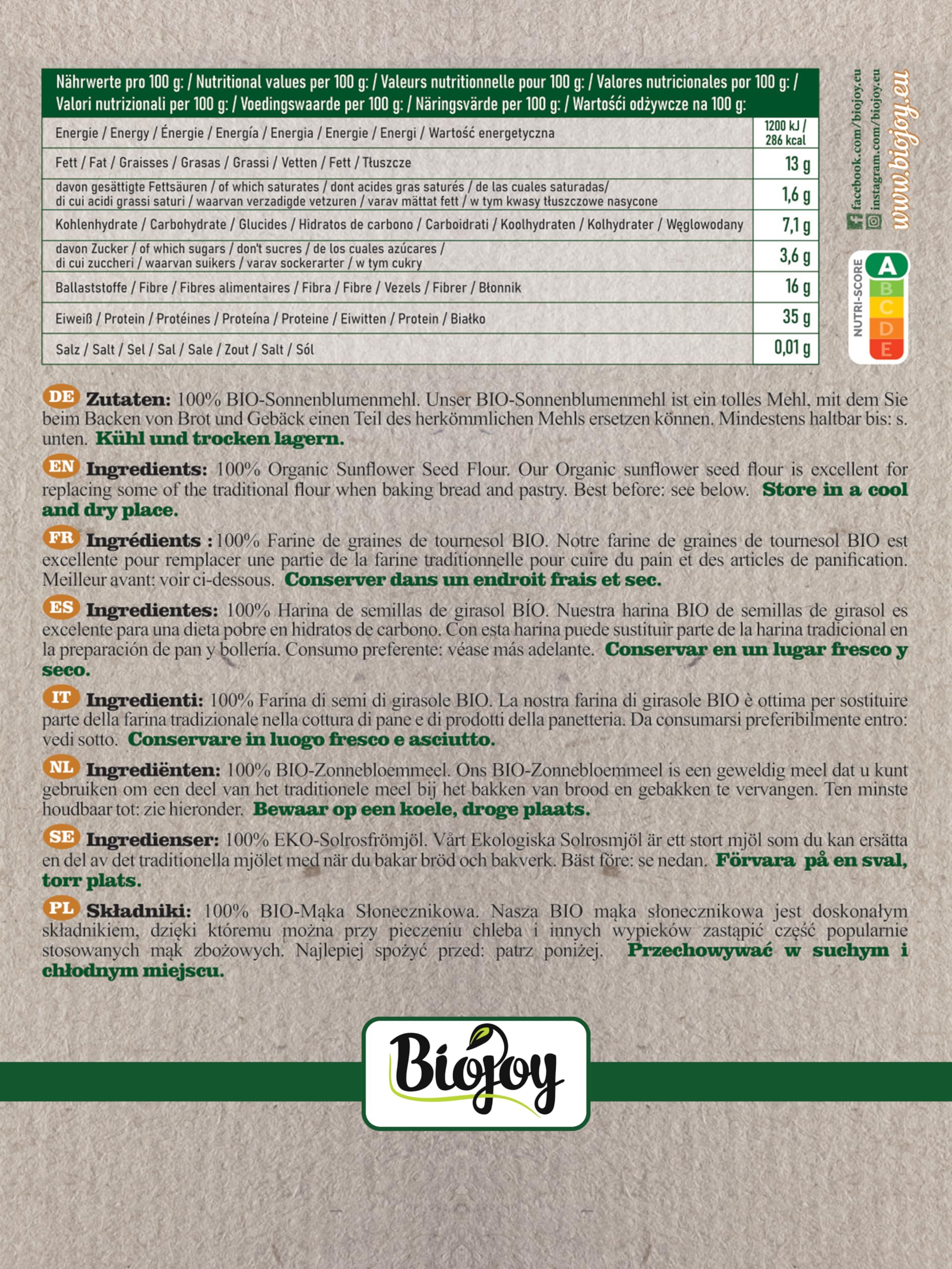 Biojoy Harina de Semillas de Girasol BÍO (1 kg), puro y natural, sin aditivos