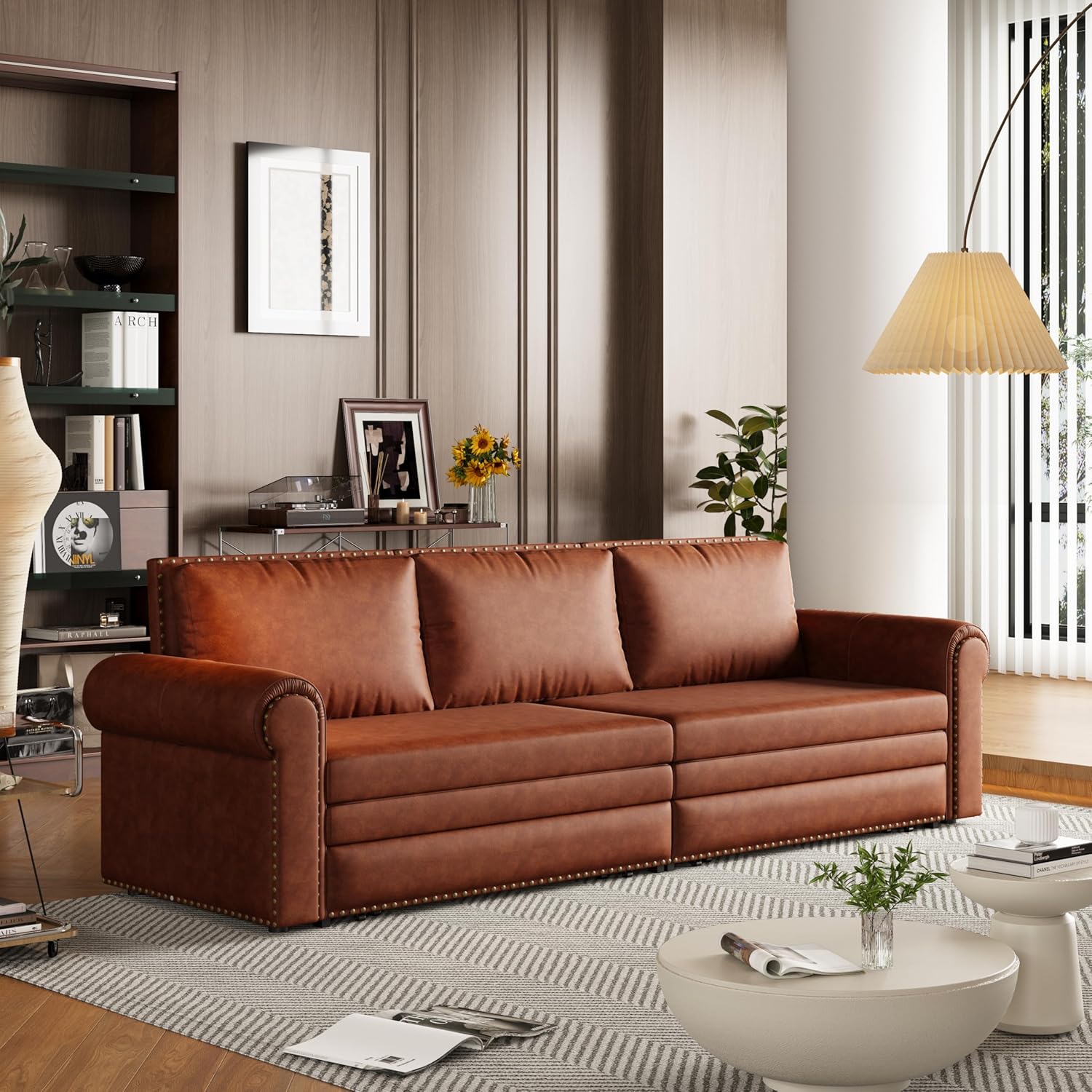 93.7" Pull Out Sofa Bed King Size with Pillows,3-in-1 Convertible Sleeper Couch with Nails Trim,PU Leather 3 Seater Sofabed for Living Room,Light Brown