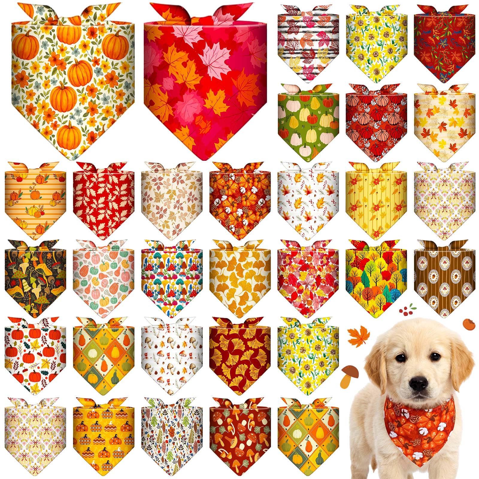 Locmeo 32 Pcs Fall Dog Bandanas Bulk Thanksgiving Dog Bandanas, Pumpkin Autumn Maple Leaves Pet Triangle Scarf Reversible Bibs Kerchief Pet Costume for Small Medium Large Dogs Puppy