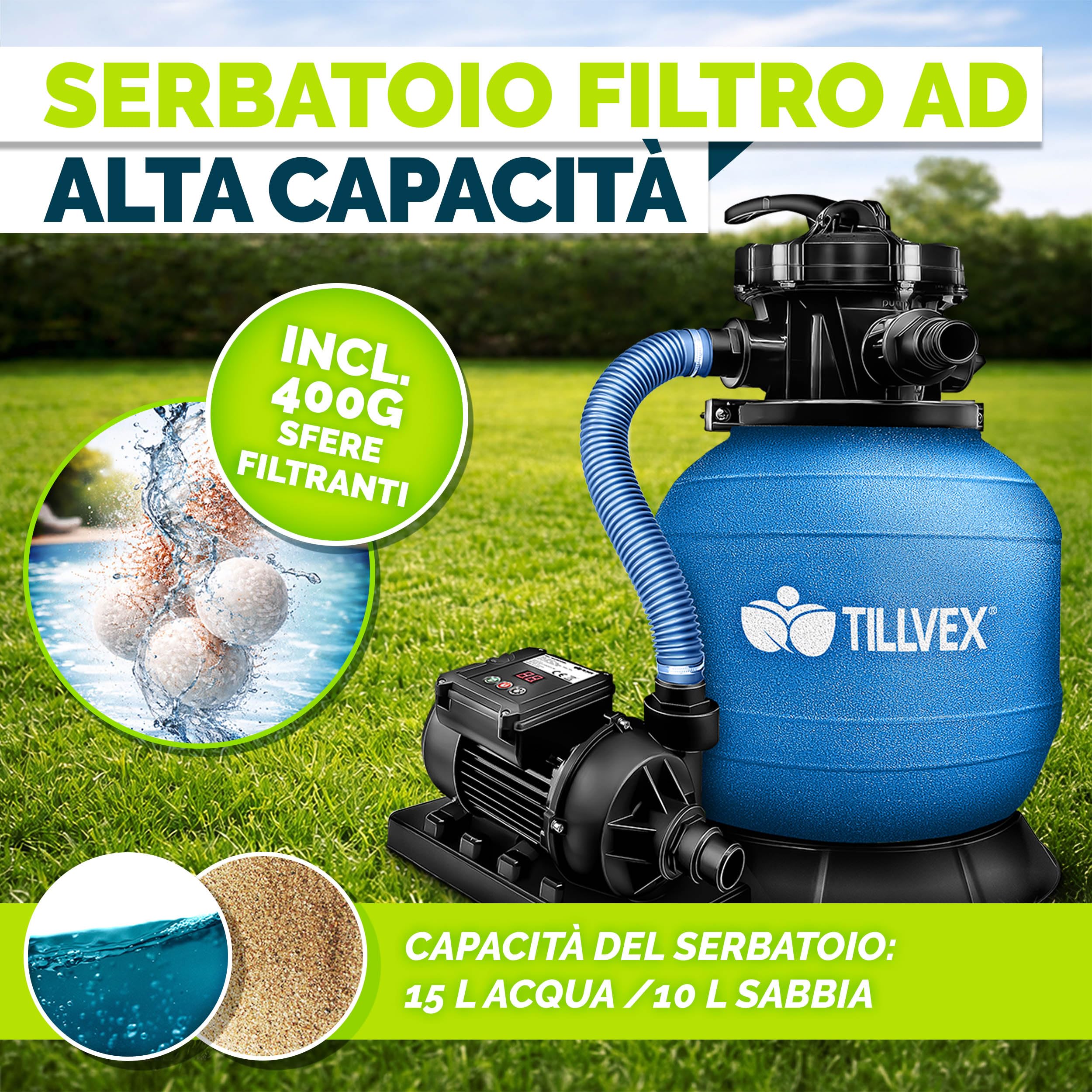 tillvex Pompa Filtro Piscina Portata 7.900L/h + 400g Filtro Balls | 7 funzioni | Adattatore 2in1 Ø32-38mm con indicatore di pressione | Filtro a sabbia per piscine (Blu con timer)