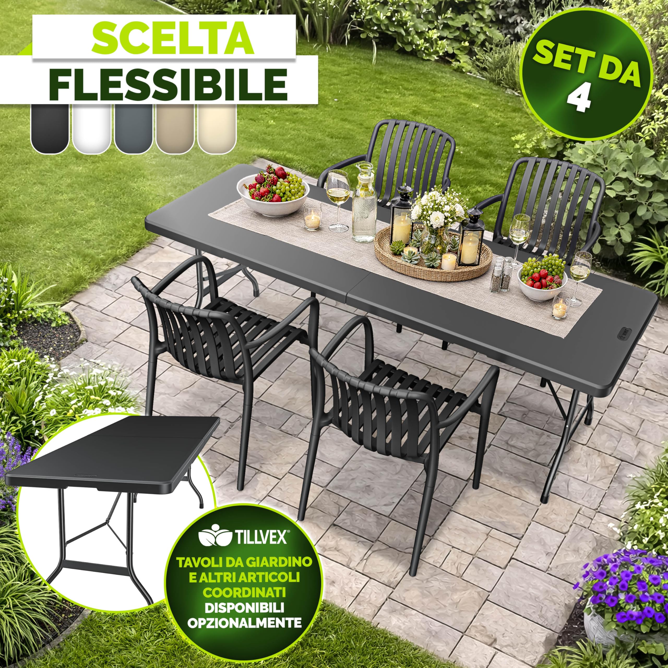 Tillvex Set di 4 Sedie da Giardino Impilabili Resistenti alle Intemperie 120 kg per Esterni Terrazzo Balcone