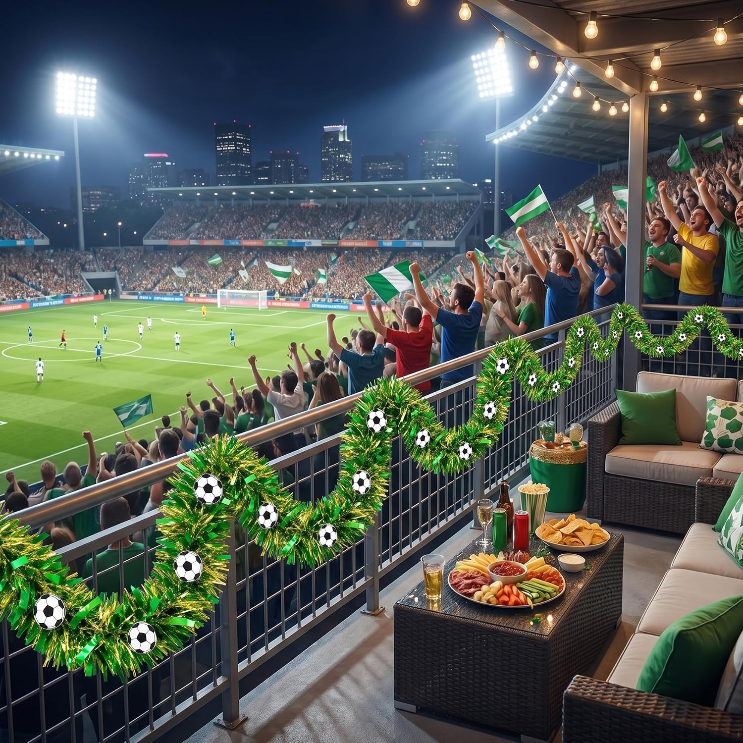 50 Ft World Cup Soccer Party Tinsel Garland, Green and Gold Metallic Streamer with Mini Footballs, DIY Cuttable Sports Theme Birthday Party Supplies for Tailgate, TV Stand & Watch Party Decor