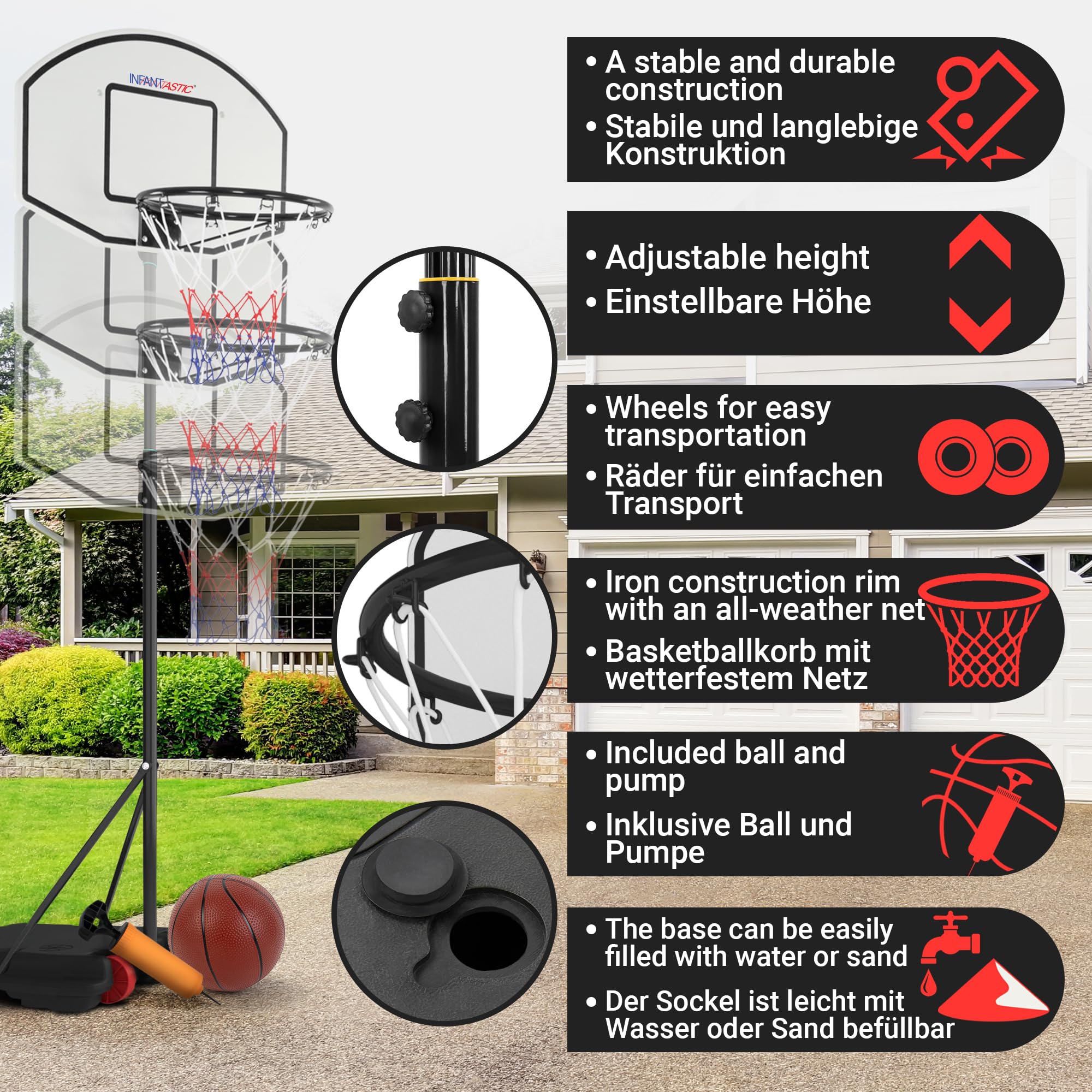 Infantastic® Panier de Basket - Extérieur/Intérieur, Hauteur Réglable 148-200 cm, Portable, avec Ballon et Pompe à l'Air, Rouge ou Noir - Panneau de Basket sur Pied, pour Enfant