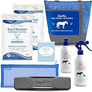 StripHair Horse Grooming Kit 8-piece The Gentle Groomer 6-in-1 Shed Groom Massage Brush, Bamboo Cloths, Coat Cleaners, Tote Bag