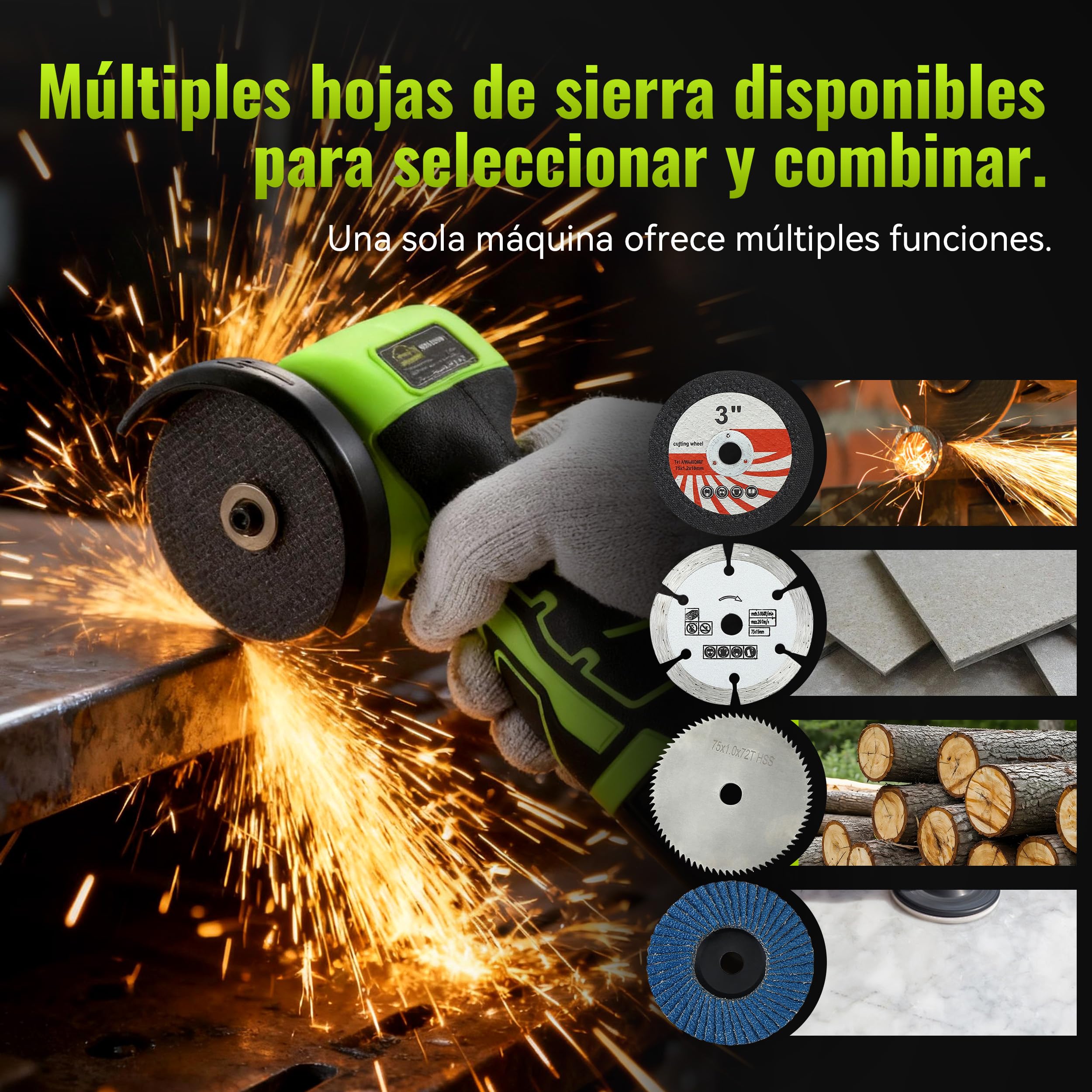 DEWINNER Amoladora Angular Inalámbrica 19.500 RPM - Radial de 76 mm, 2 baterías 2000 mAh, 6 discos de corte y caja de transporte - para amolado, pulido, corte