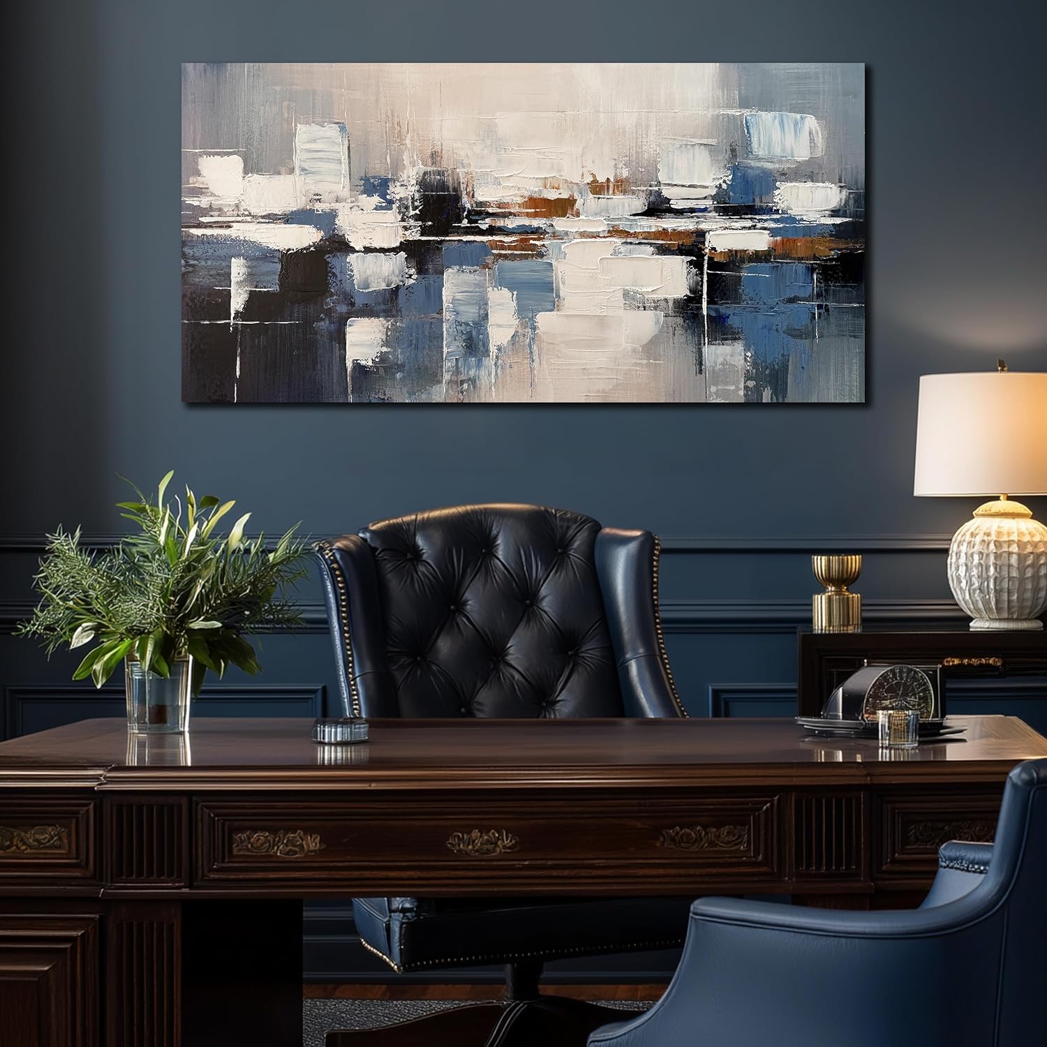 AUUZAIUA Abstract Wall Art for Living Room Blue and White Oil Painting Textured Pictures Modern Artwork for Bedroom Office Ready to Hang 24x48 Inch