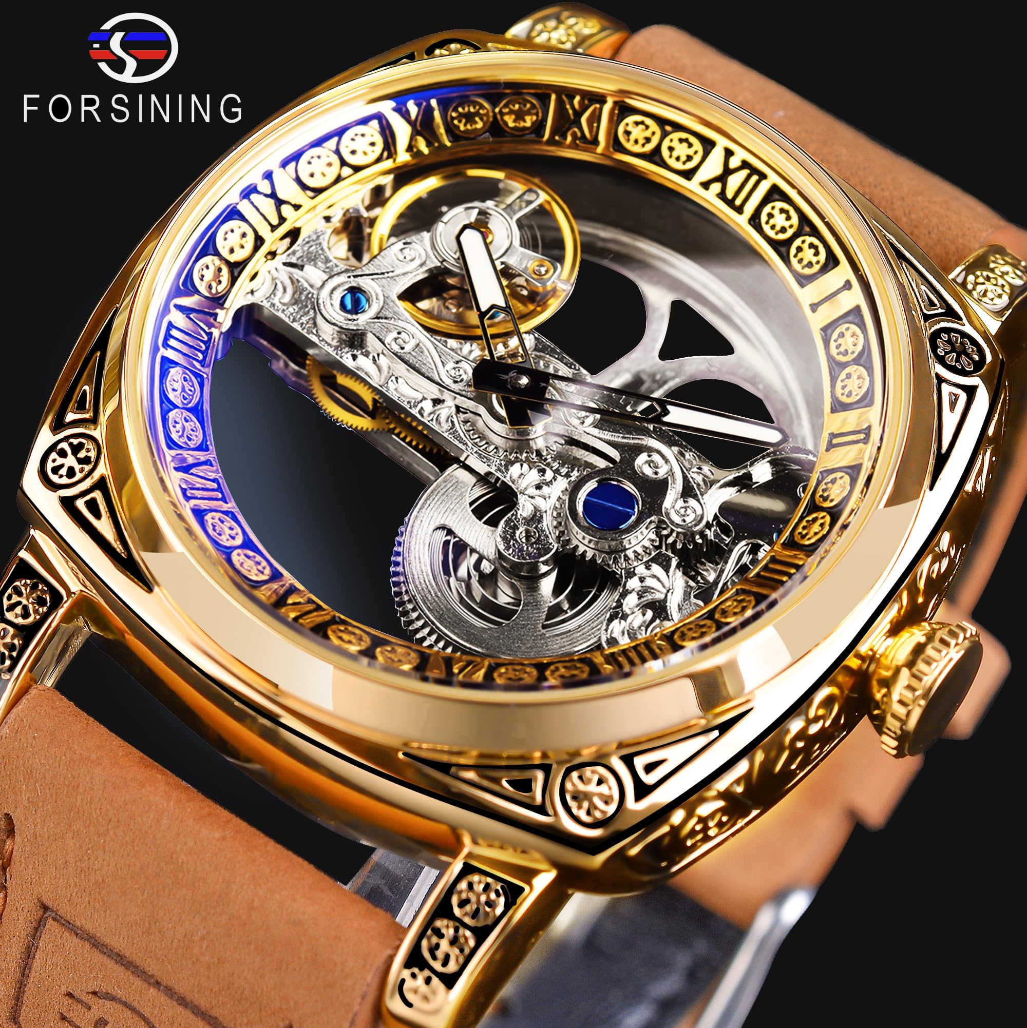FORSINING Fancy Uhren für Männer, quadratische Retro mechanische Uhr Self-Wind geschnitzt, Gear Uhrwerk Golden Skelett Automatische Uhren Vintage Lederarmband Armbanduhr