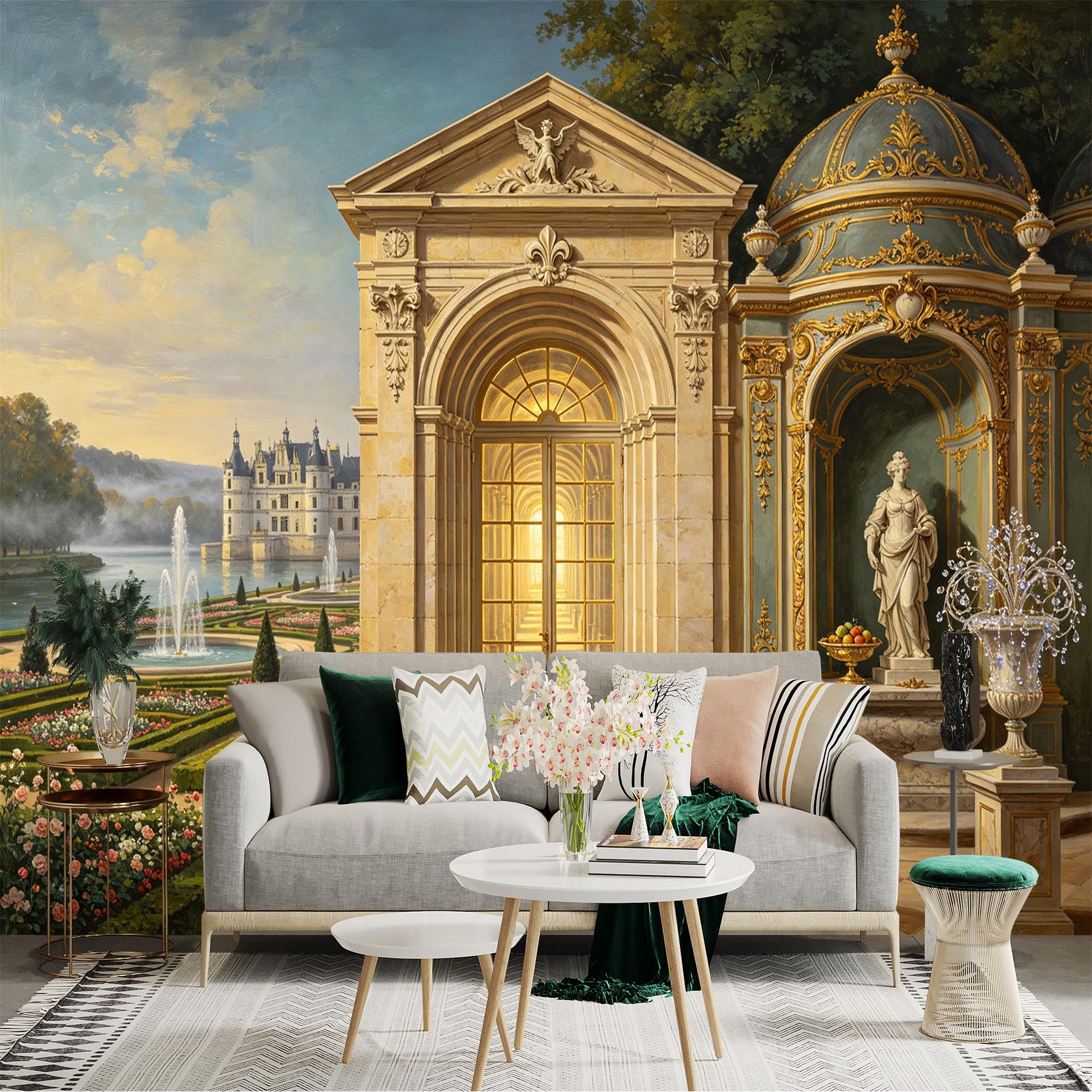 Custom Size Wall Sticker Mural， Luxury Palace Garden with Fountain， Classical Archway and Elegant Courtyard， for wall Decoration， peelandstick wall Decals.