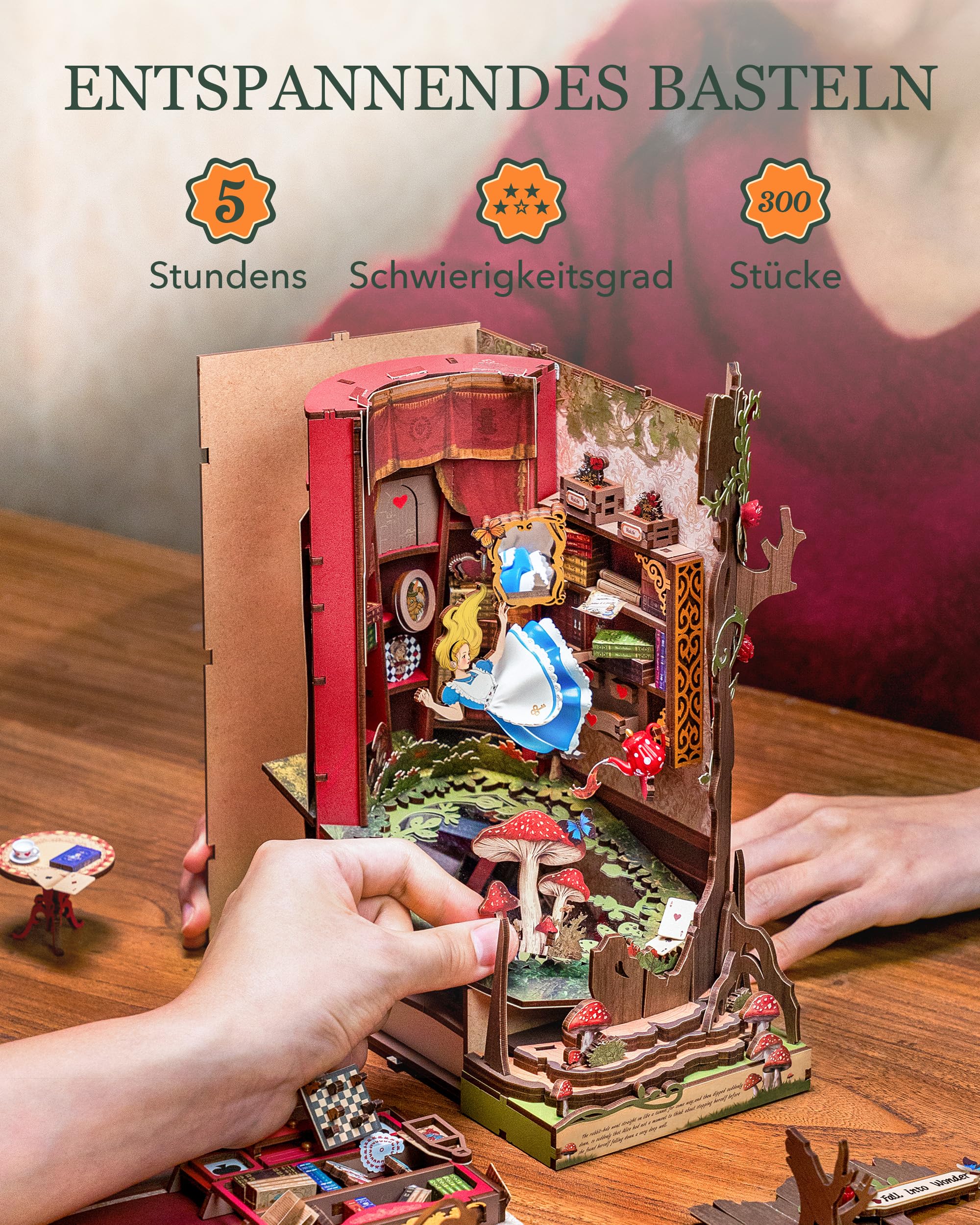 Rolife Fall into Wonder Book Nook Kit für Erwachsene mit Licht | 300-teiliges 3D-Puzzle, Zusammenbau ohne Klebstoff, Gartenhaus Buchstütze Basteln als Bücherregal-Dekoration Geschenkidee