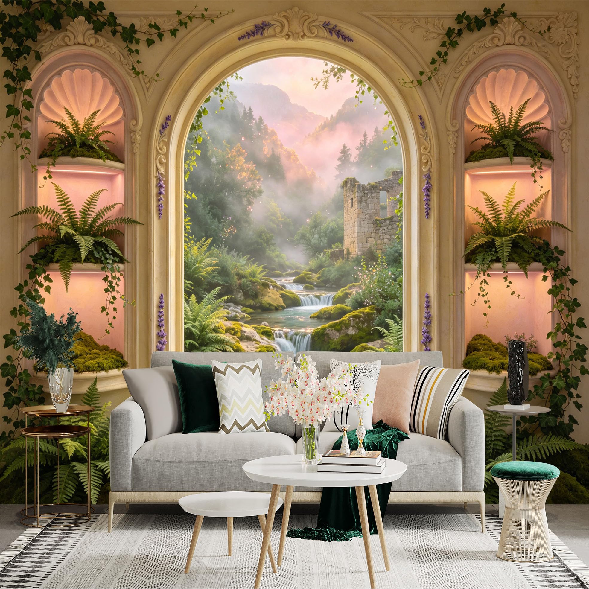 Custom Size Wall Sticker Mural， Enchanted Garden with Waterfall， Ivy and Stone Ruins， for wall Decoration， peelandstick wall Decals.