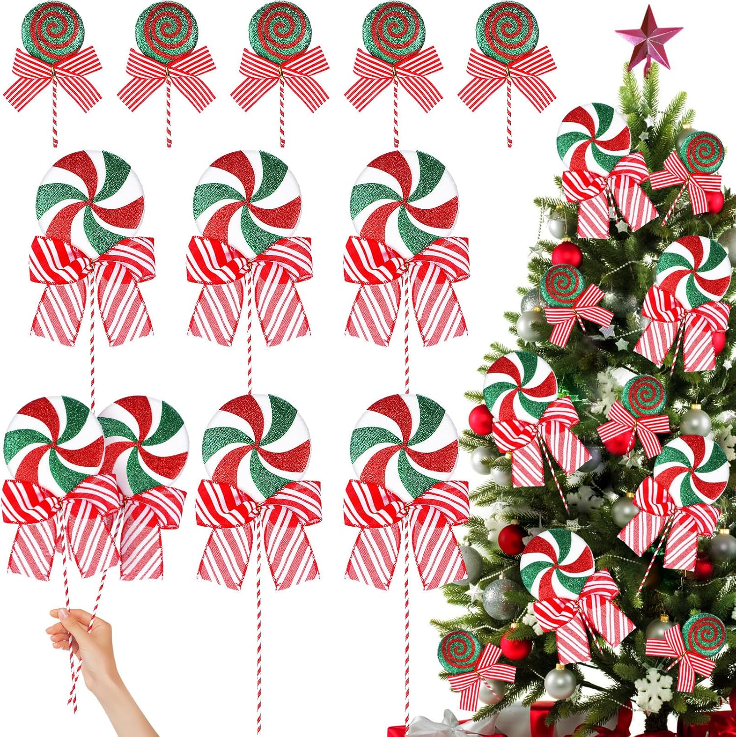 10 Pcs Large Candy Land Christmas Ornament Peppermint Candy and Lollipop Tree Picks Decoration 15'' Sweet Christmas Tree Toppers Ornaments for Xmas Home Party Decorations(Green Red,Classic Style) 