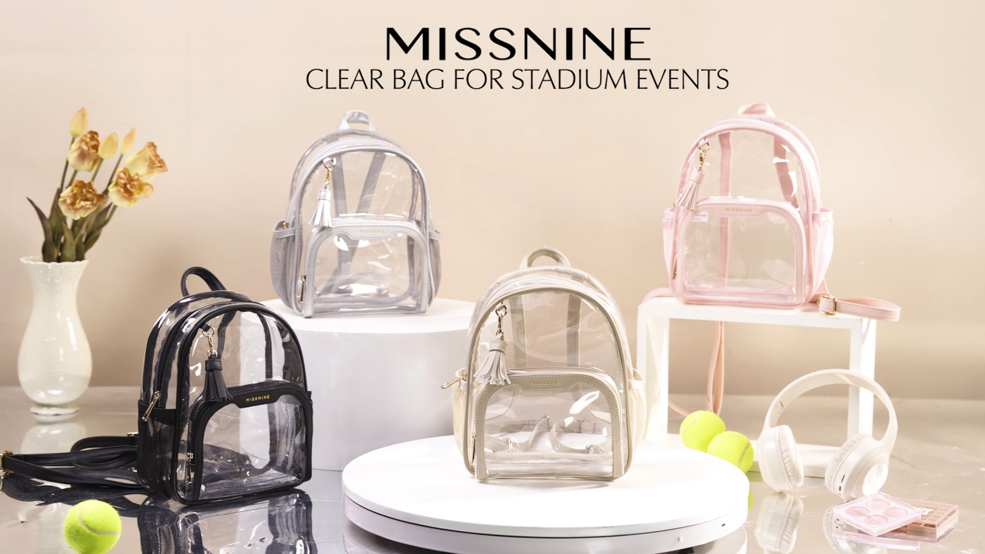 Small Clear Backpack for Stadium Events Anti-theft Mini Bag with Cute Pom-pom 91sHrZoRT9L.jpg main image 3