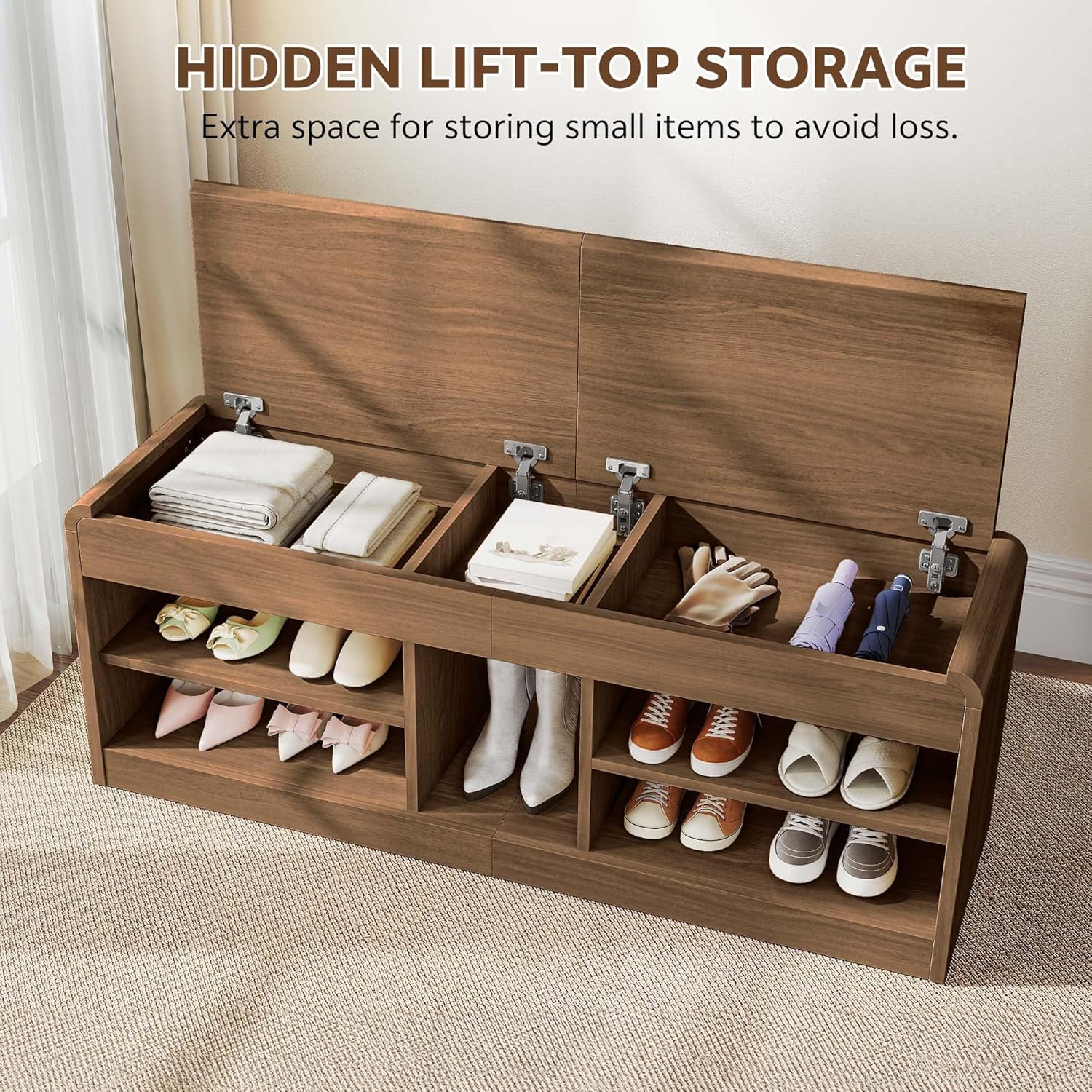 Shoe Storage Bench, 47.2in Entryway Bench with Flip-Open Storage Box, 2 Tier Shoe Rack Organizer with Shelf, Entryway Cabinet for Hallway Living Room Bedroom, Walnut