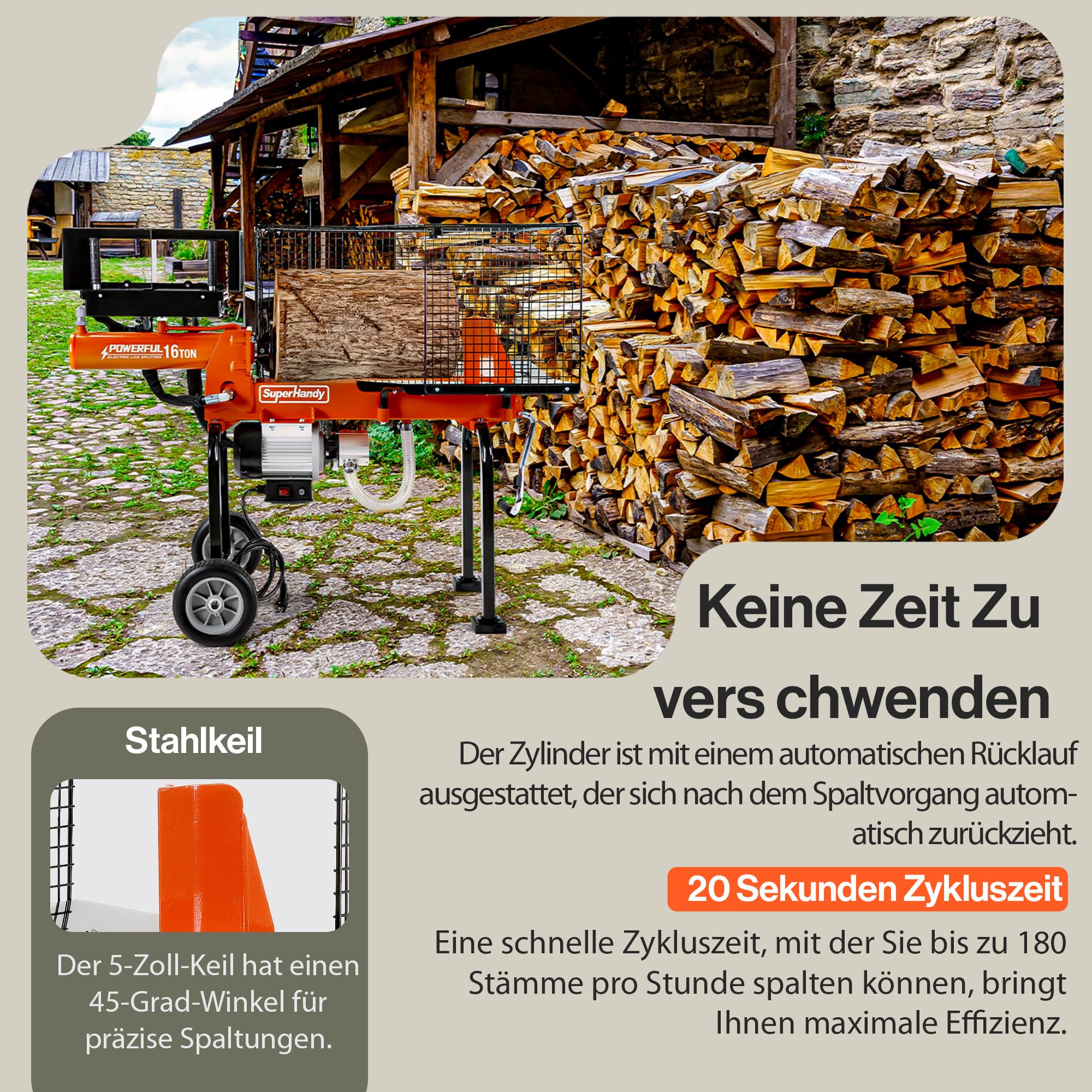 SuperHandy Holzspalter, 16 t Spaltkraft, 1500-W-Motor, Scheite 50 cm | Tragbar; 2-stufige 10-GPM-Hydraulikpumpe; Vollträger mit Stahlkeil für Brennholz, Forst- und Erntearbeiten