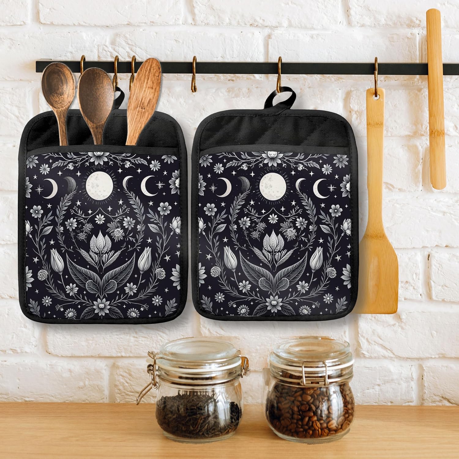Dark Witchy Moon Phase Floral Pot Holders with Pockets, Mystical Astrology Cottagecore Flower Botanical Oven Pot Holders Heat Resistant Oven Mitts Hot Pads for Kitchen Baking Cooking