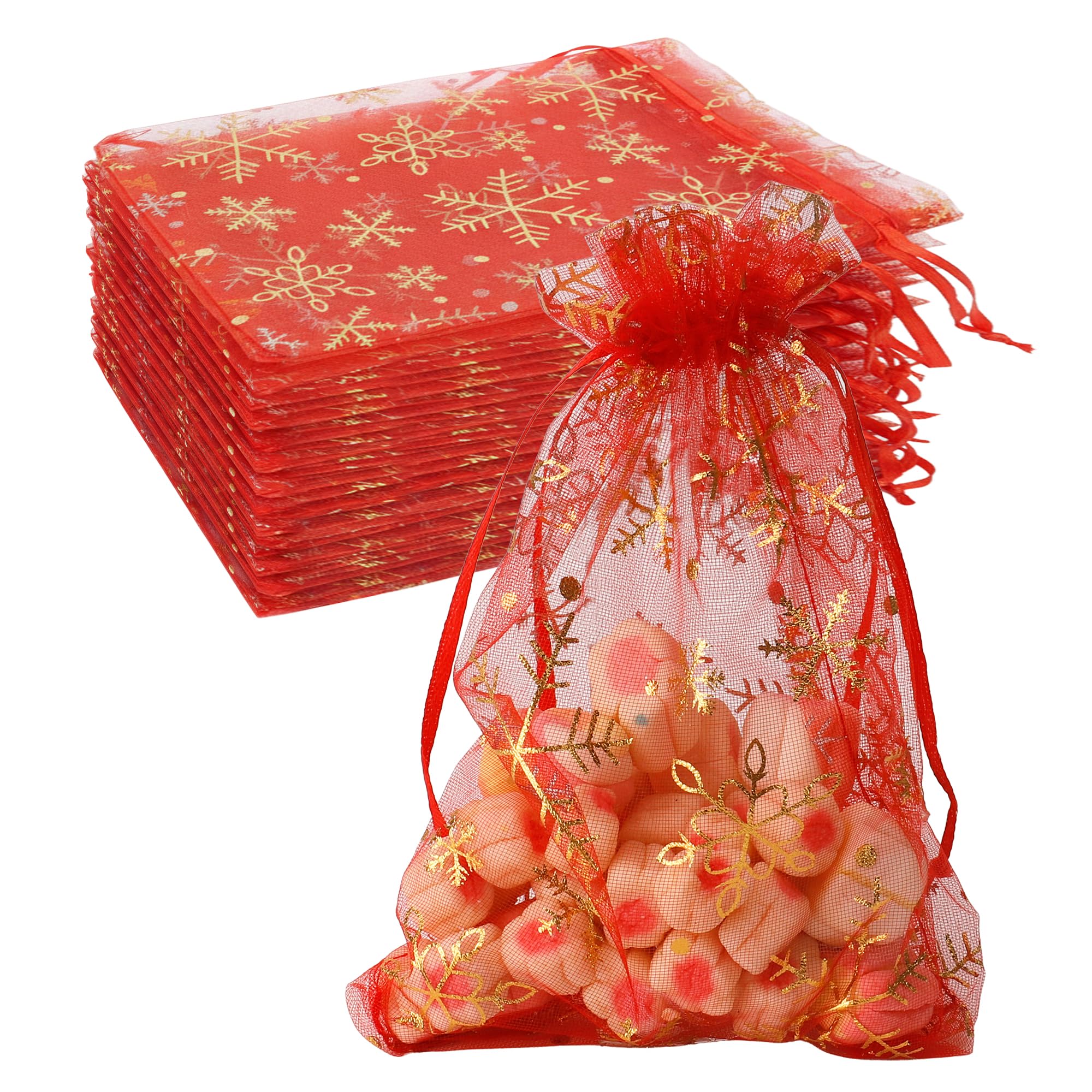 Snowflake Organza Bags, 100 PCS Christmas Sheer Organza Bags with Drawstring 4 x 6 inch, Jewelry Gift Bag, Red Small Mesh Goodies Xmas Wedding Favor Mini Candy Pouches Bag for Christmas Party Favors