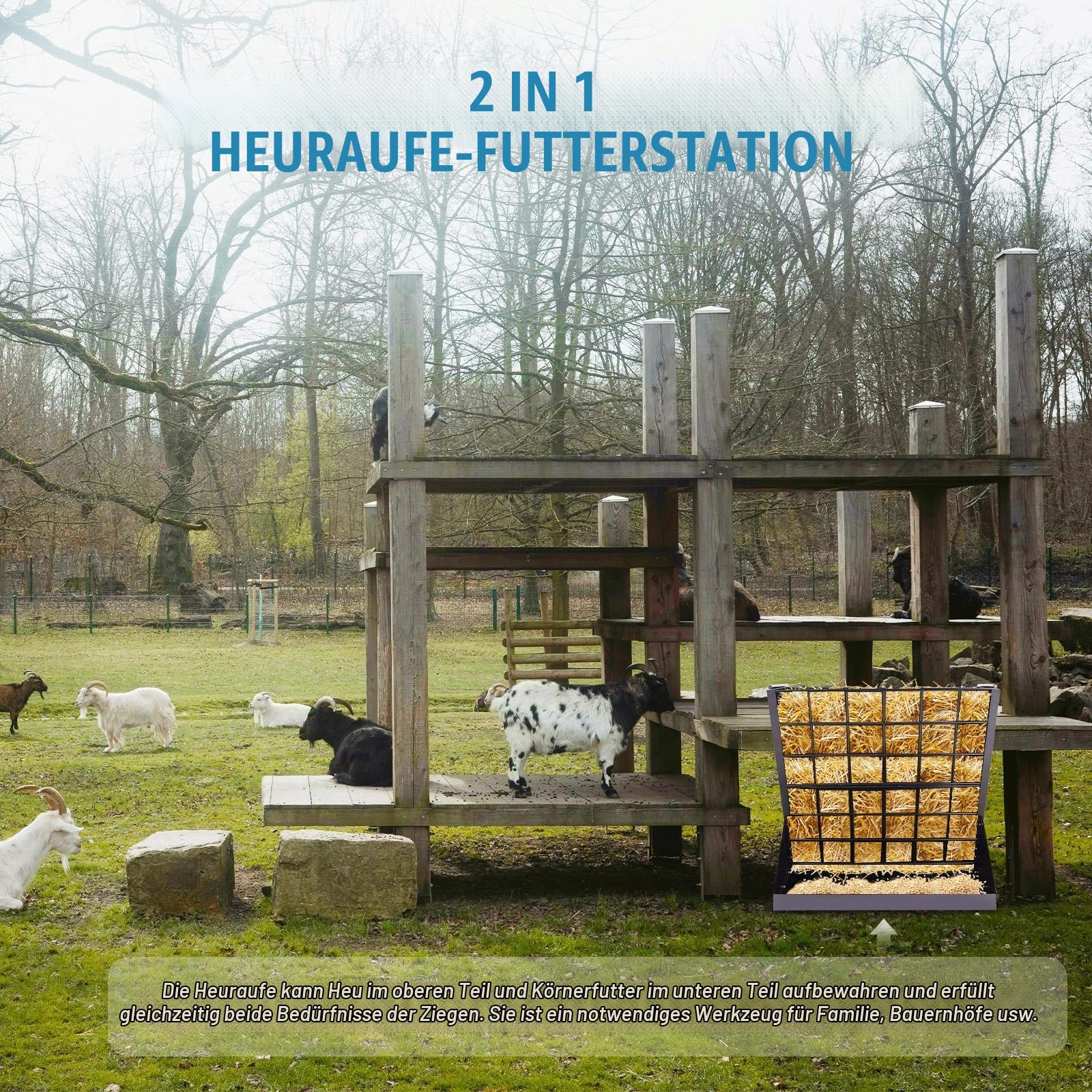 Heuraufe für Schafe und Ziegen 2 In 1 Hay & Grain Feeder Futterraufe Schafe | Großes Hängende mit Futterspargitter und Verstellbaren Haken für Verschiedene Ställe und Korral (Schwarz)