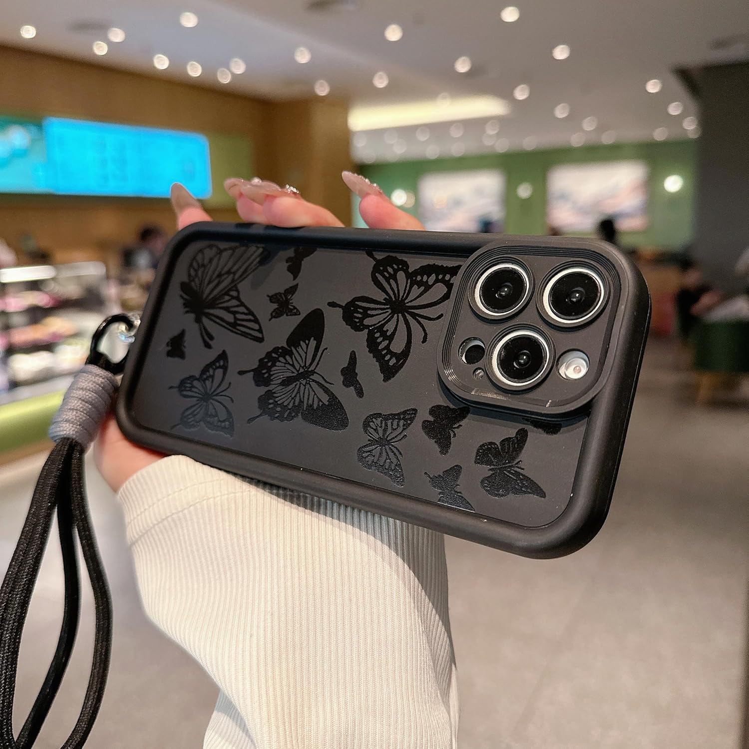 Aesthetic Black Butterfly Phone Case Compatible for iPhone 13 Pro Max Case, with Adjustable Anti-Drop Wrist Strap - Full-Body Shockproof Protection, Raised Camera & Edge Guards - Image 2