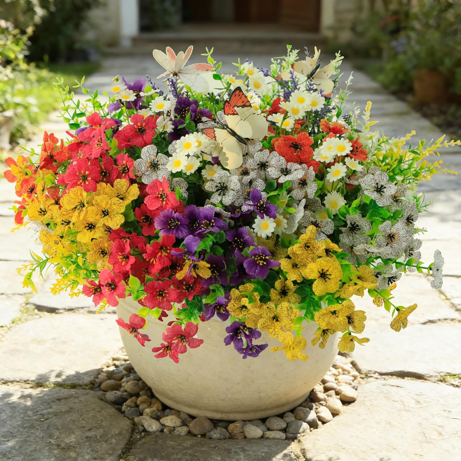 24 Bundles Artificial Flowers for Outdoor, UV Resistant Faux Flowers with 12 Butterflies, Fake Daisy Lavender Eucalyptus Plants for Window Box Garden Porch Patio Decor, Mixed Colors