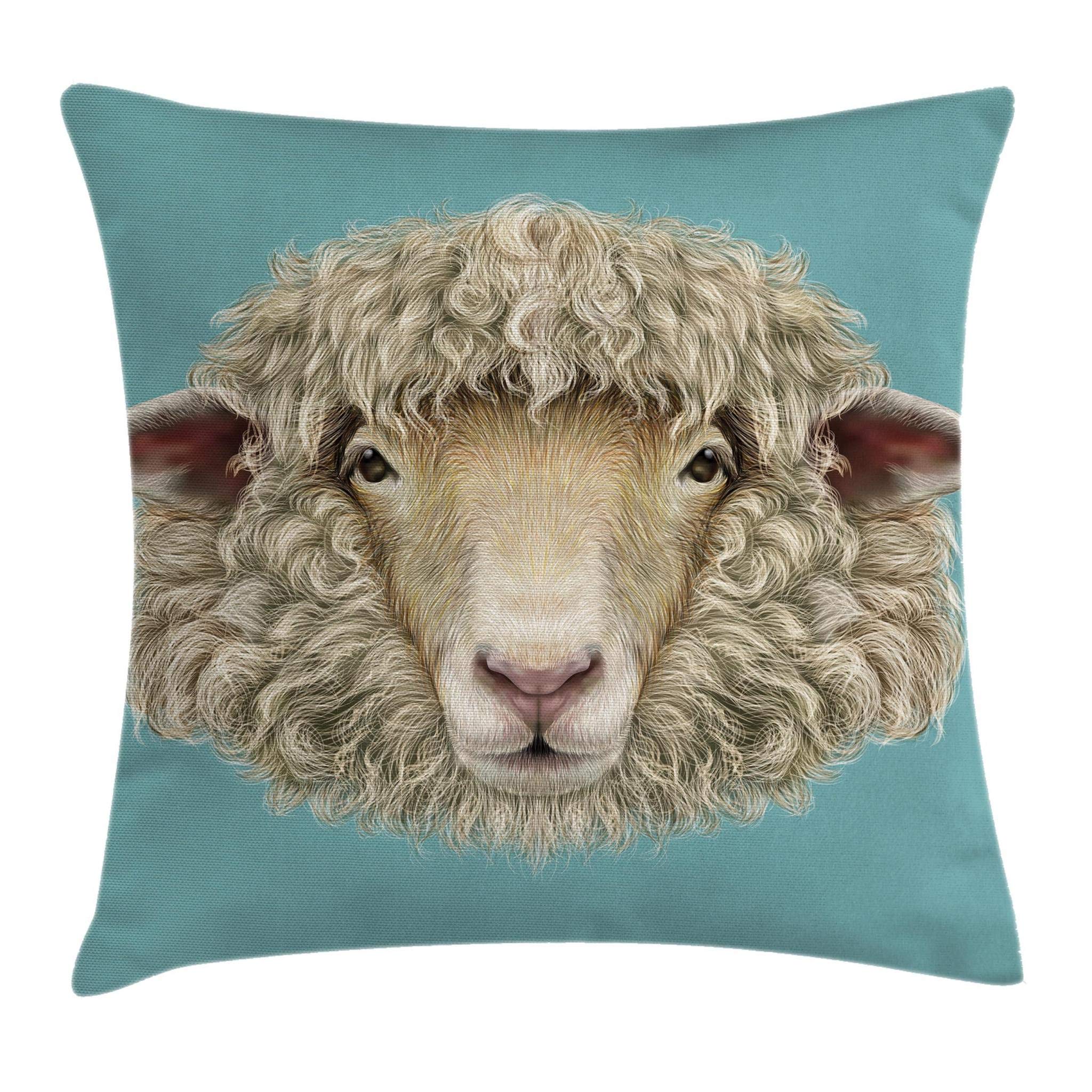 Ambesonne Humor Throw Pillow Cushion Cover, Portrait of a Ram Sheep Goat Head Print of Meadow Mammal Animal Graphic Retro Effect Design, Decorative Square Accent Pillow Case, 20" X 20", Turquoise Tan