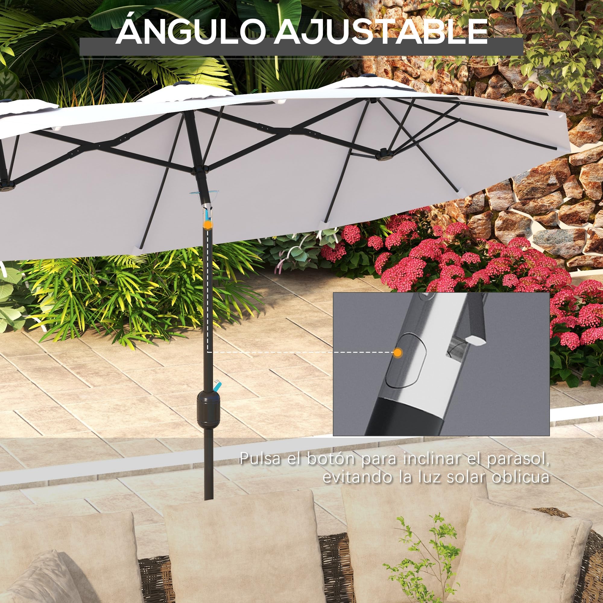 Outsunny Sombrilla Doble 2,95x1,52m Inclinación 45° Manivela Crema | Sombrilla Terraza Exterior, Manivela Manual, Ventilación, Impermeable, Parasol Jardín Piscina