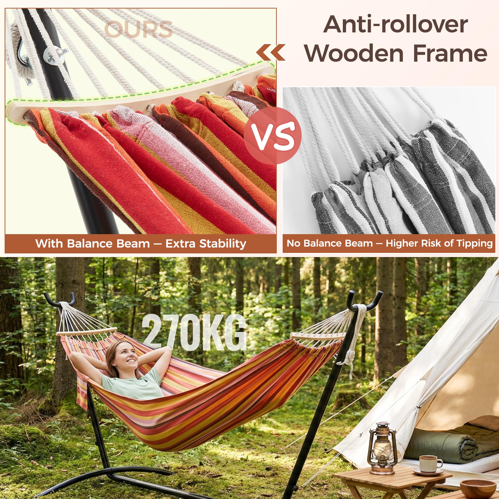Mondeer Hängematte mit Gestell, Doppel Hängematte Outdoor mit gebogener Holzstange und Tragetasche für 2 Personen, 270 kg Tragfähigkeit, für Indoor Balkon Terrasse Garten (Rot)