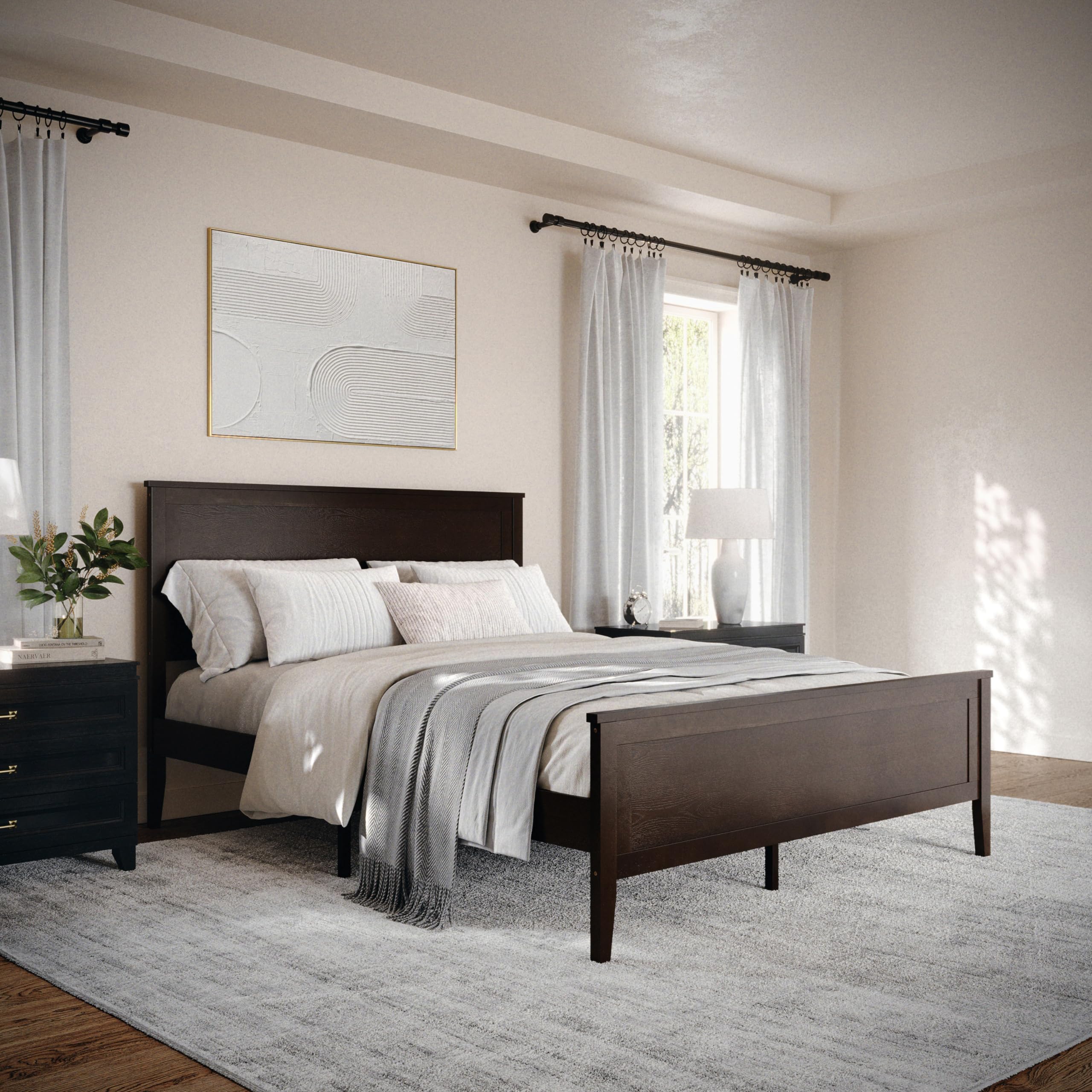 Martha Stewart Corbin Solid Wood Platform Bed with Wooden Headboard and Footboard, Wood Slat Foundation, No Box Spring Needed, Queen, Dark Brown