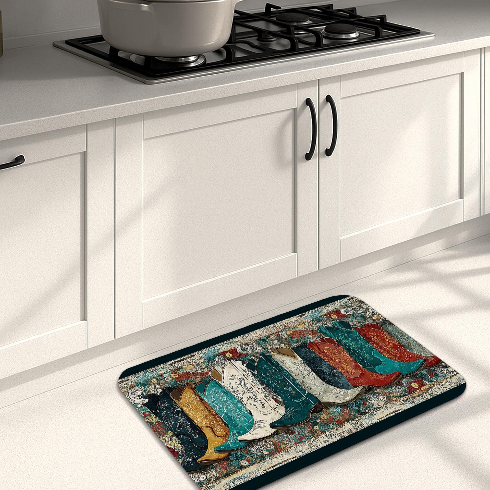 Western Cowboy Boots Kitchen Mats, Vintage Rustic Decorative Cushioned Non-Slip Rugs for Kitchen Sink and Laundry Room 16x24 Inch