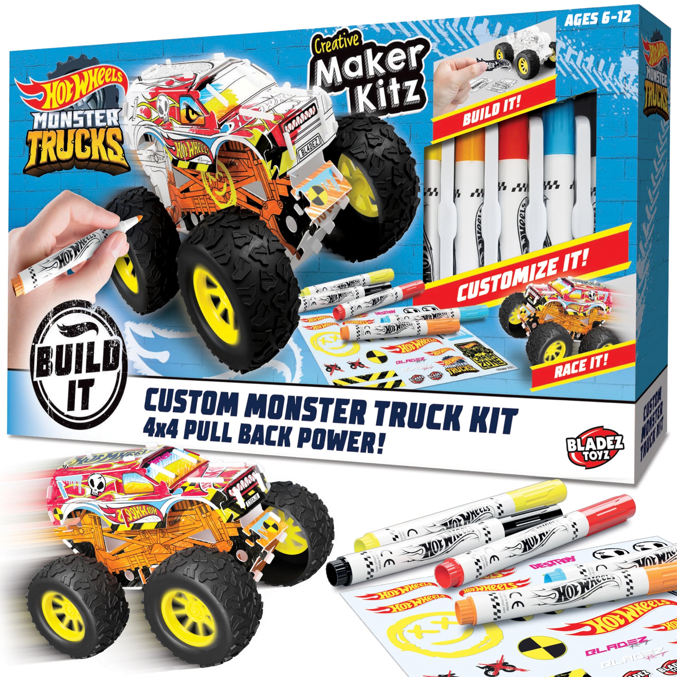 BLADEZ Hot Wheels Toyz Make Your Own Monster Truck - Art Set For Kids 6-12 with Markers & Stunt Ramp - Hotwheels Kit for Play - Kids Colouring Sets & STEM Learning - Customizable & Eco-Friendly