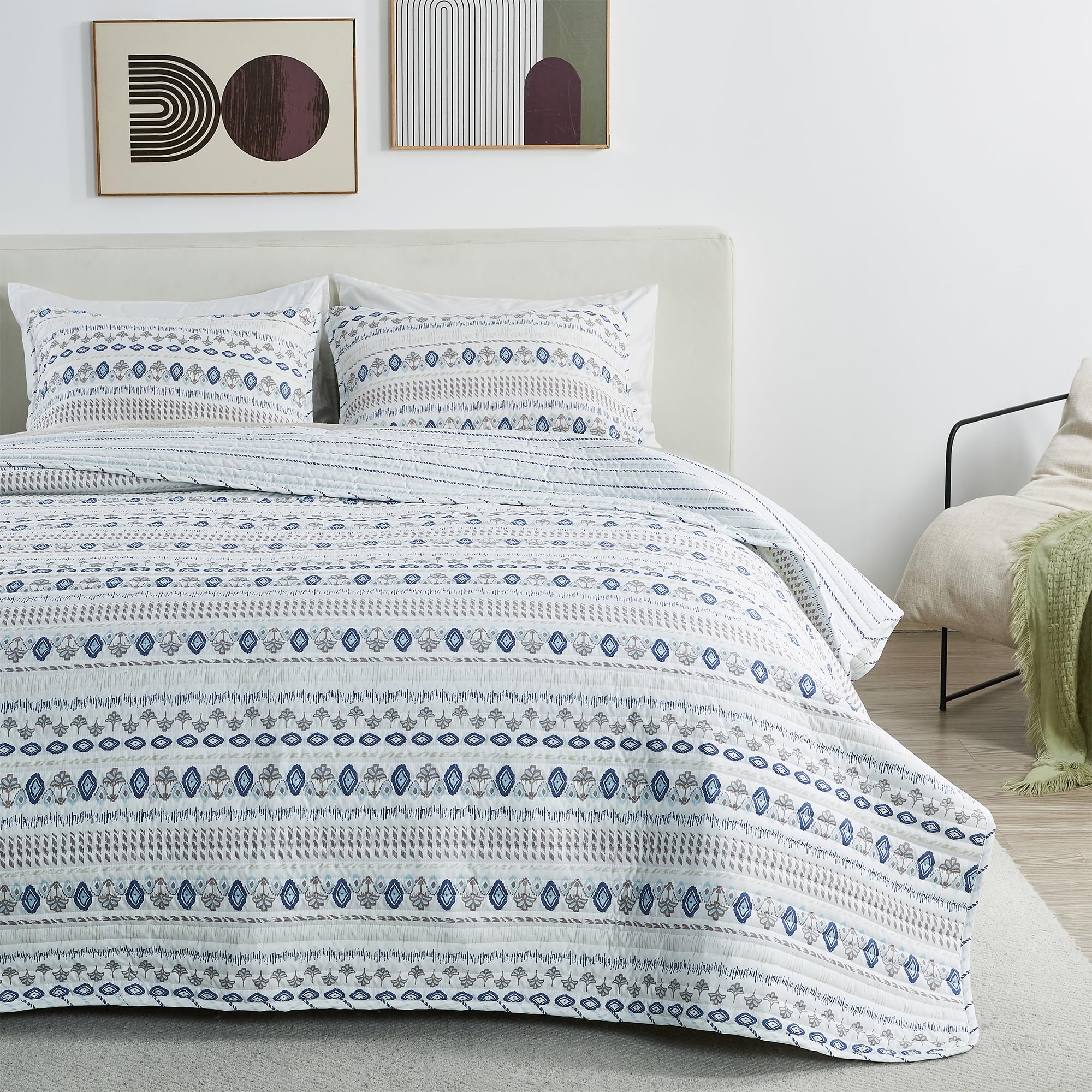 Colcha y fundas de almohada a rayas florales tamaño King reversible juego de cama de 3 piezas