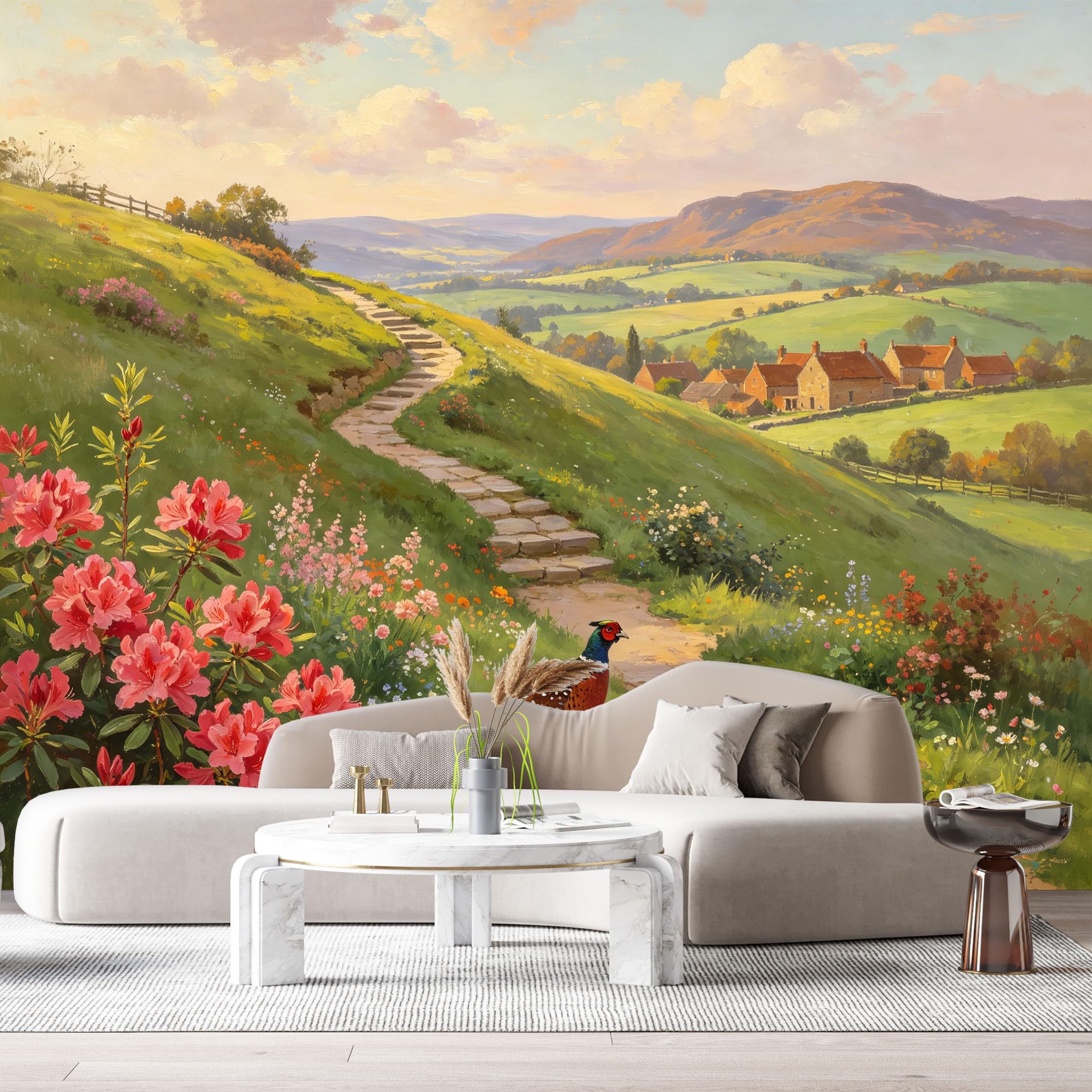 Custom Size Wall Murals Farmhouse American Country Oil Painting Pheasant Rabbit Rolling Hills Path SelfAdhesive Wall Fabric Removable Large Wallpaper for Photo Living Room