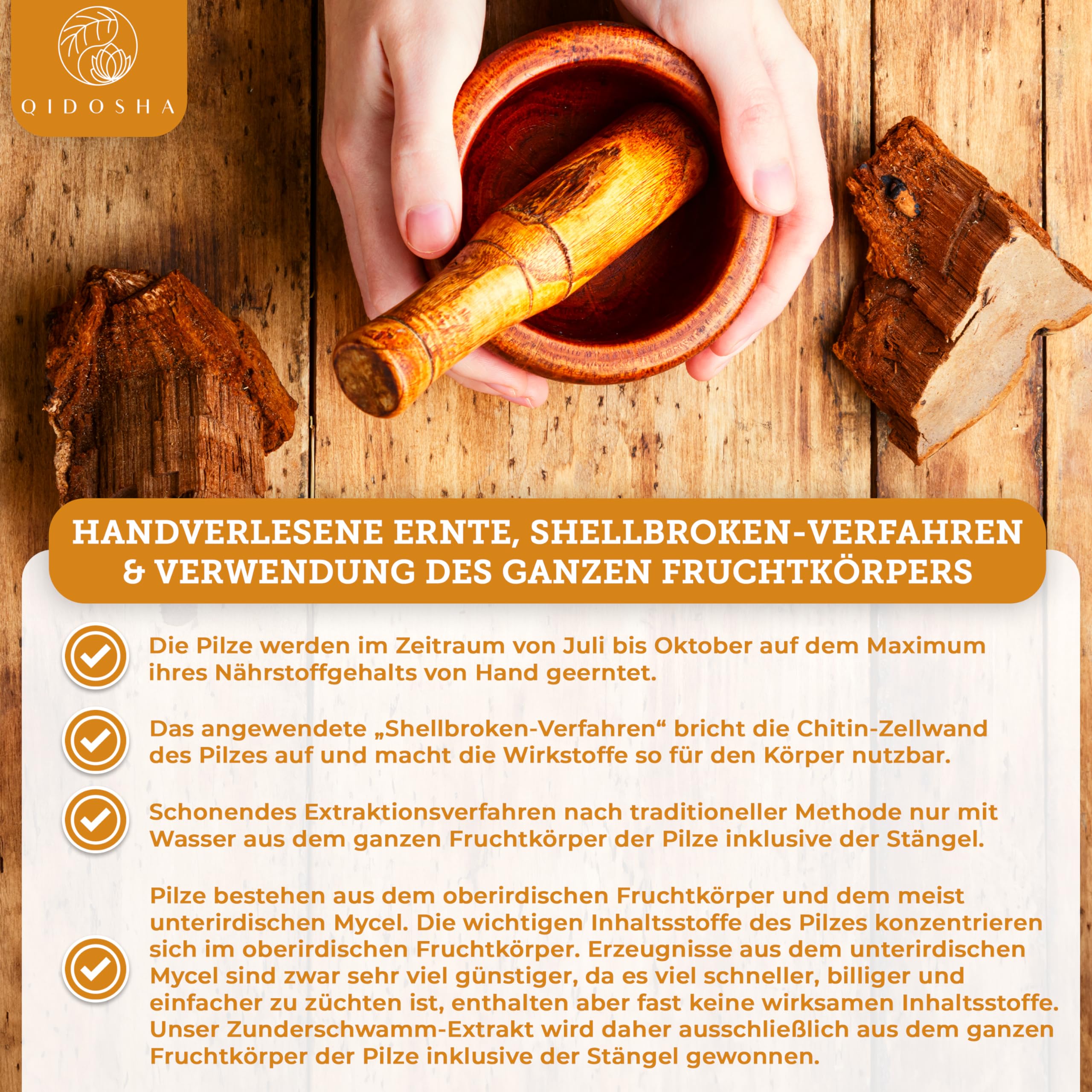 QIDOSHA® Zunderschwamm Extrakt Kapseln, 120 Stk im Apothekerglas, hochreiner Fomes fomentarius Extrakt mit 500mg je Kapsel, davon 50% Pilz-Polysaccharide mit mindestens 5% Beta-Glucanen, dt Fertigung