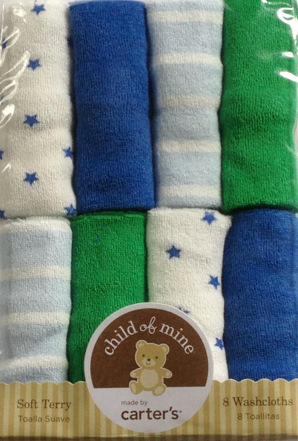 Child of Mine Blue and Green Solid Stripe and Star Print Washcloths, Boy, 8Pack