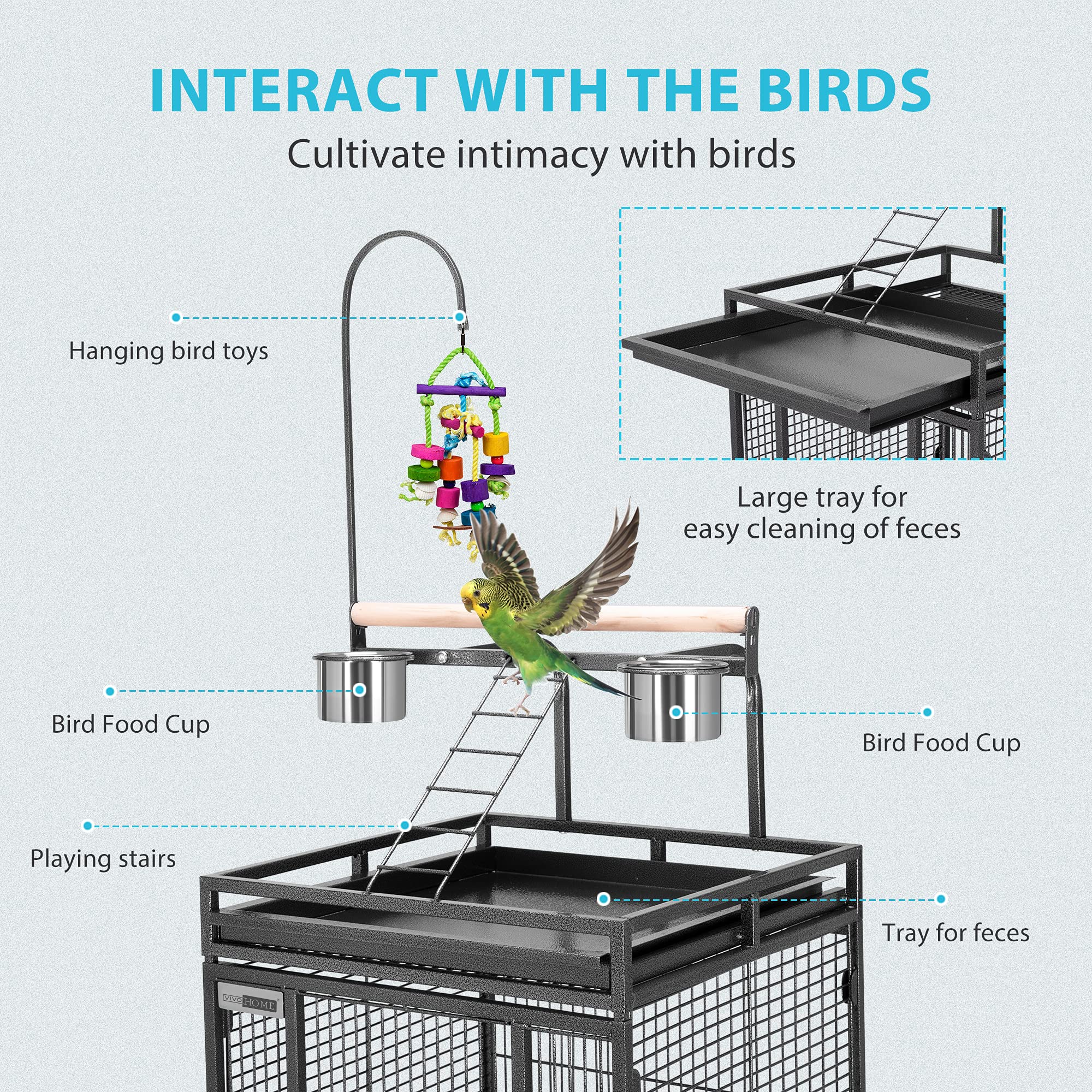 VIVOHOME 72 Inch Wrought Iron Large Bird Cage with Play Top and Rolling