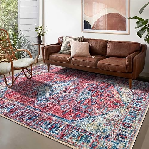 RoomTalks Alfombra persa lavable de color índigo burdeos, de 3 x 5 pies, antideslizante, de pelo corto, suave, estilo bohemio, vintage, envejecida,