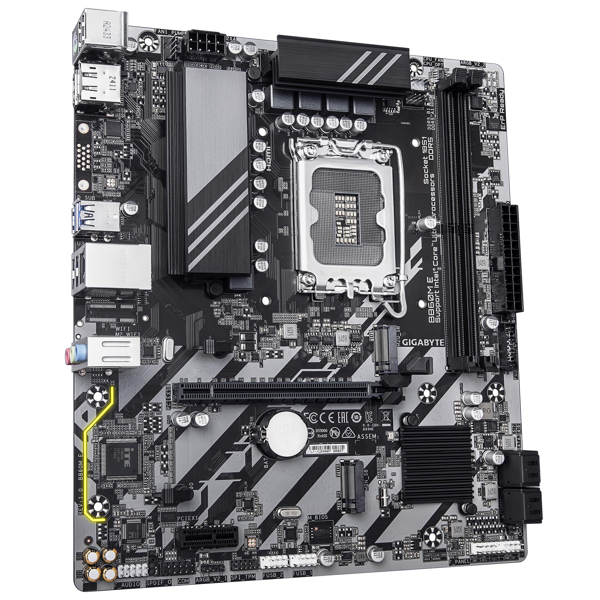 GIGABYTE Płyta główna B860M E - Procesory z serii Intel Core Ultra, 4+1+2 fazy VRM, do 8800 MHz DDR5 (O.C), 2xPCIe 4.0 M.2, 1 GbE LAN, USB 3.2 Gen 1