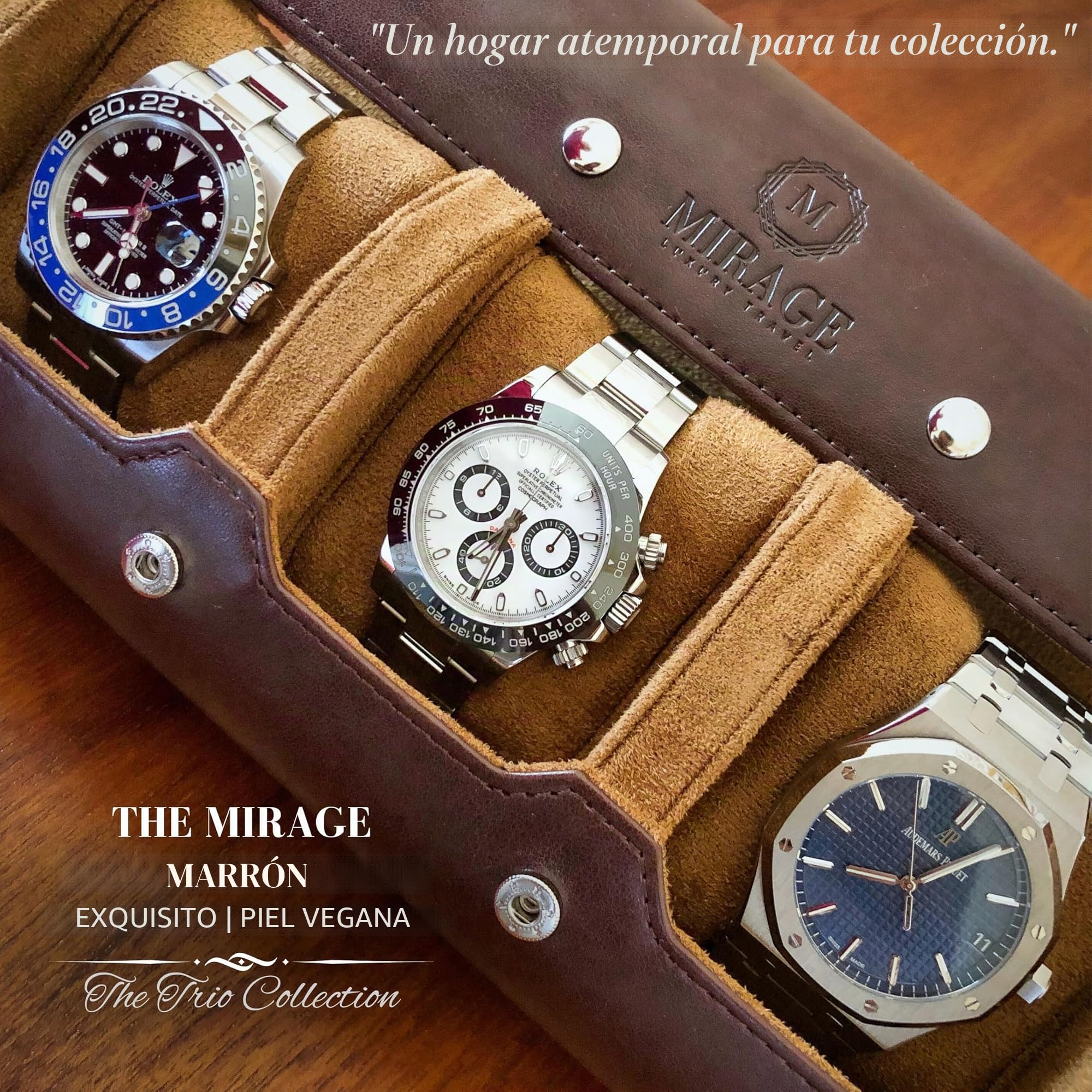 Estuche de viaje para relojes de hombre, enrollable, organizador y expositor, piel vegana marrón (Swiss Espresso).