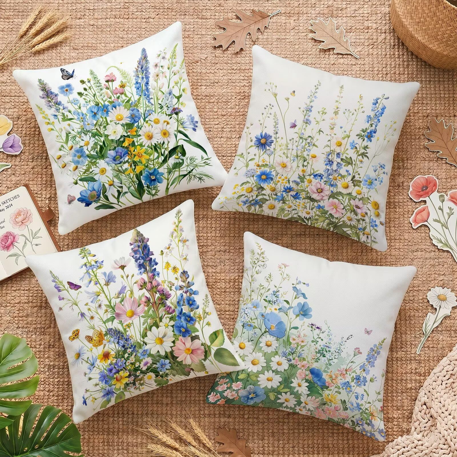 Housses de coussin 65x65 imperméables en velours double face fleurs pour canapé